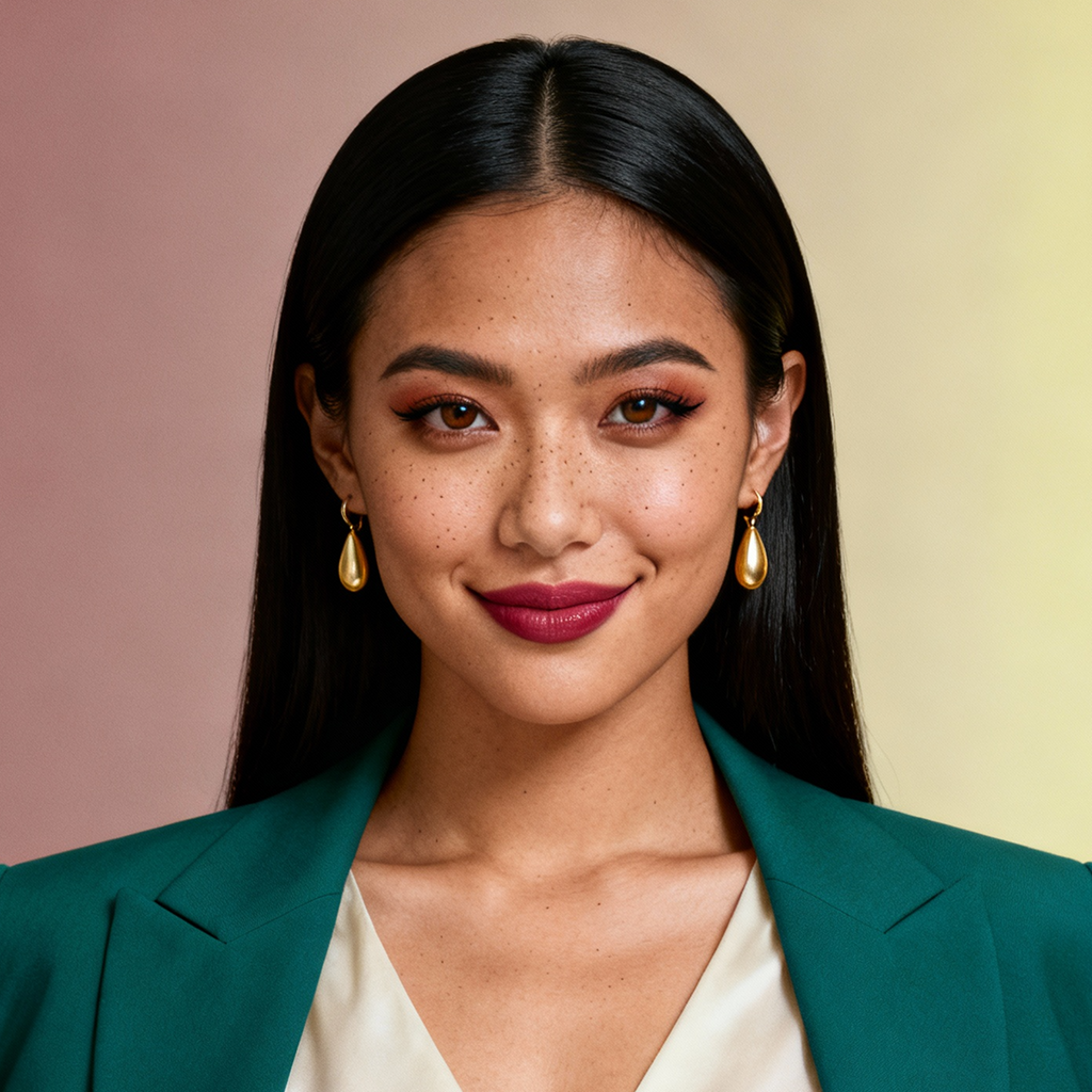 AI-generated portrait of a young woman with long straight hair, wearing a blazer over a blouse with drop earrings, posed with a gentle smile against a soft gradient studio background in even light.