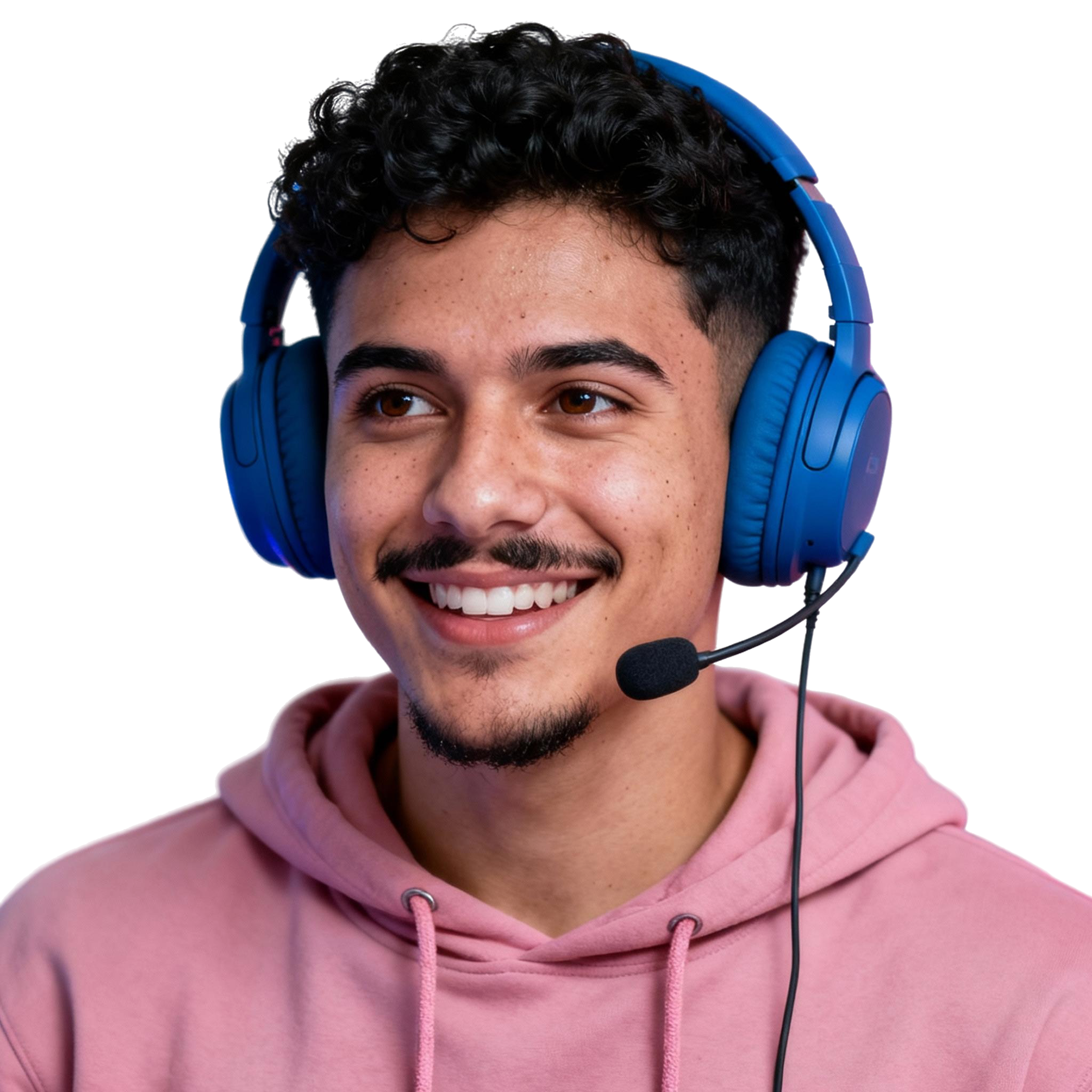 AI-generated portrait of a young man with short curly hair and a mustache, wearing a hoodie and over-ear headset, posed with a slight smile against a transparent background with LED-style lighting.