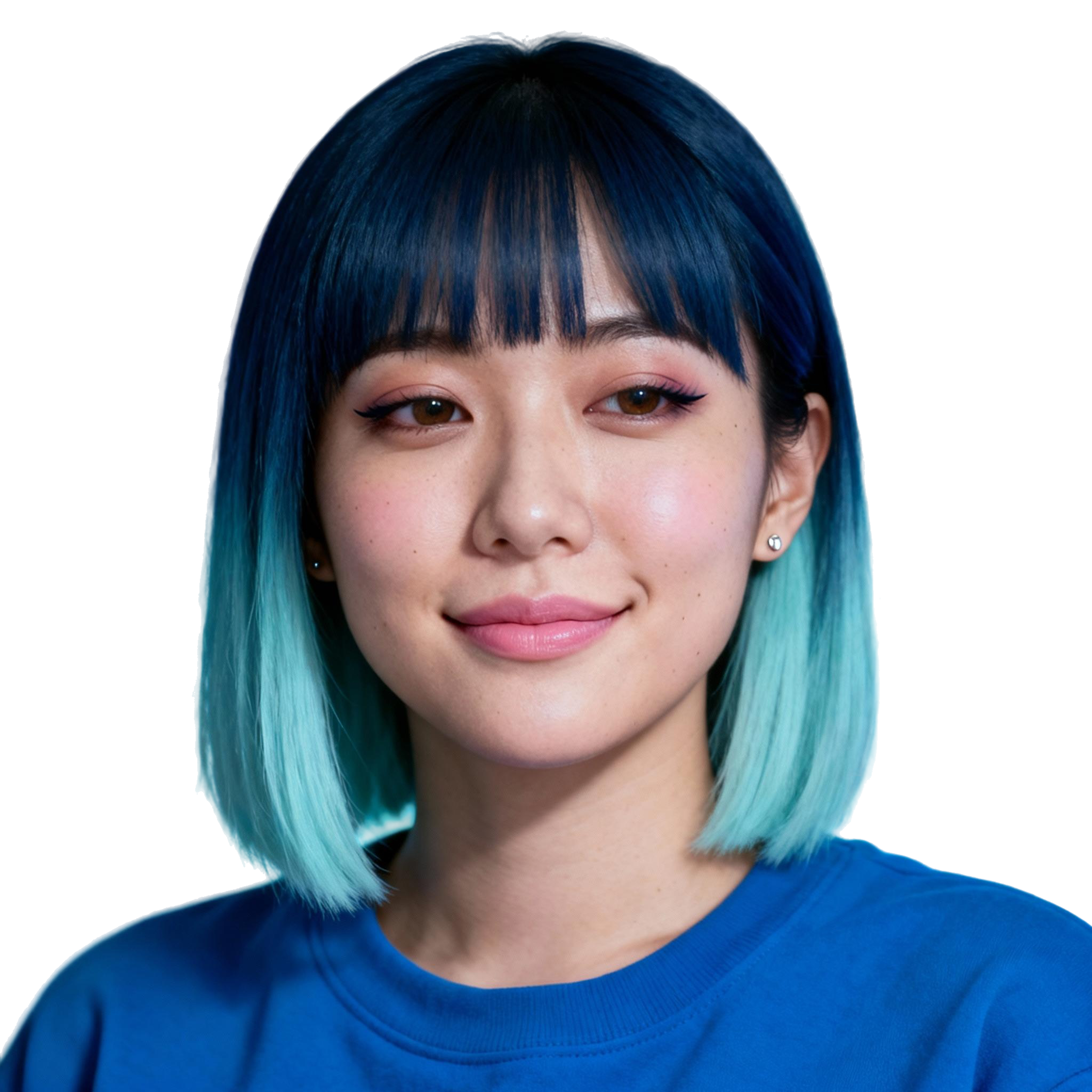 AI-generated portrait of a young woman with straight bobbed hair and bangs, wearing a casual top, posed with a neutral expression against a transparent background with LED-style lighting.