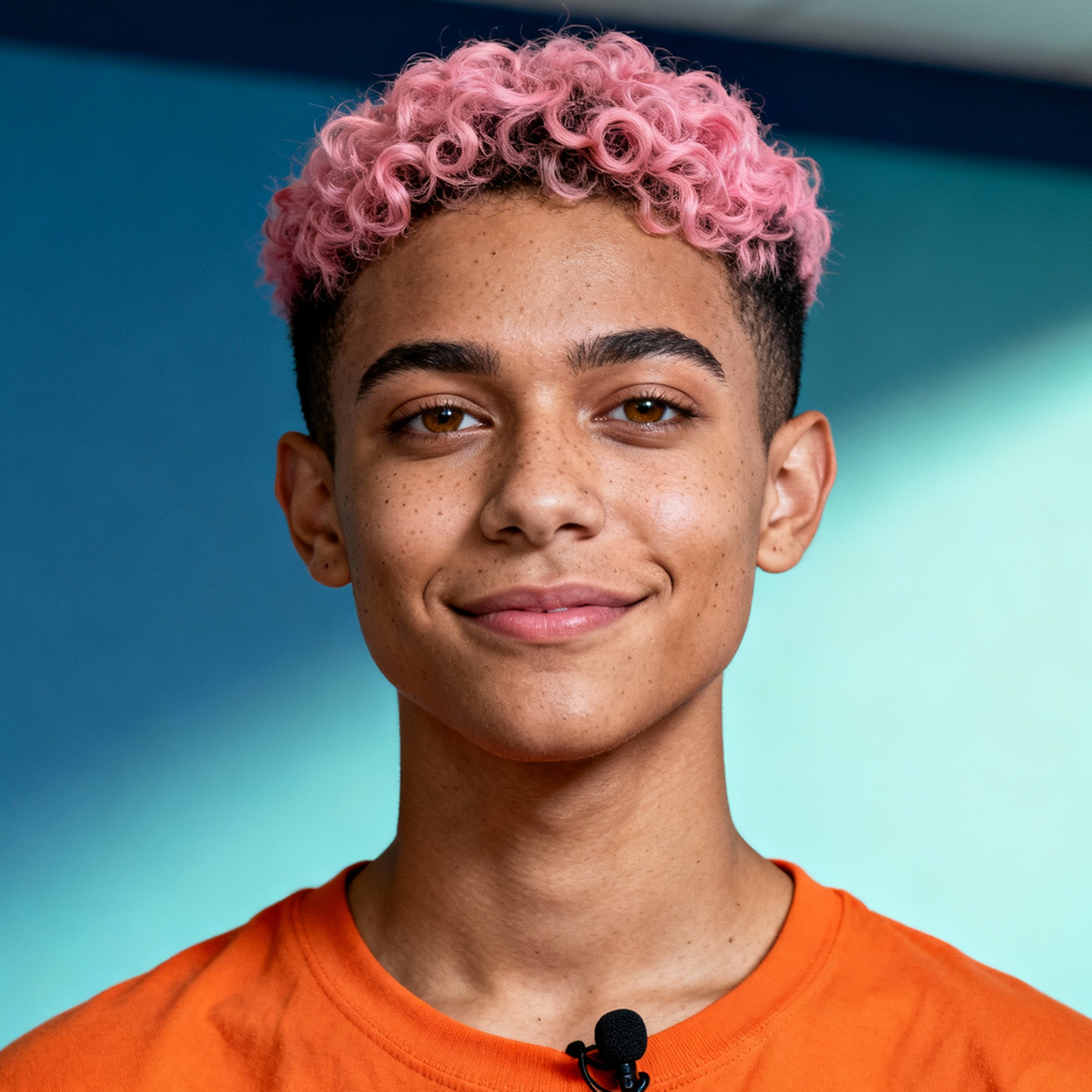 AI-generated portrait of a young person with short curly pink hair and freckles, wearing a casual top, posed with a soft smile against a neon-accented background.