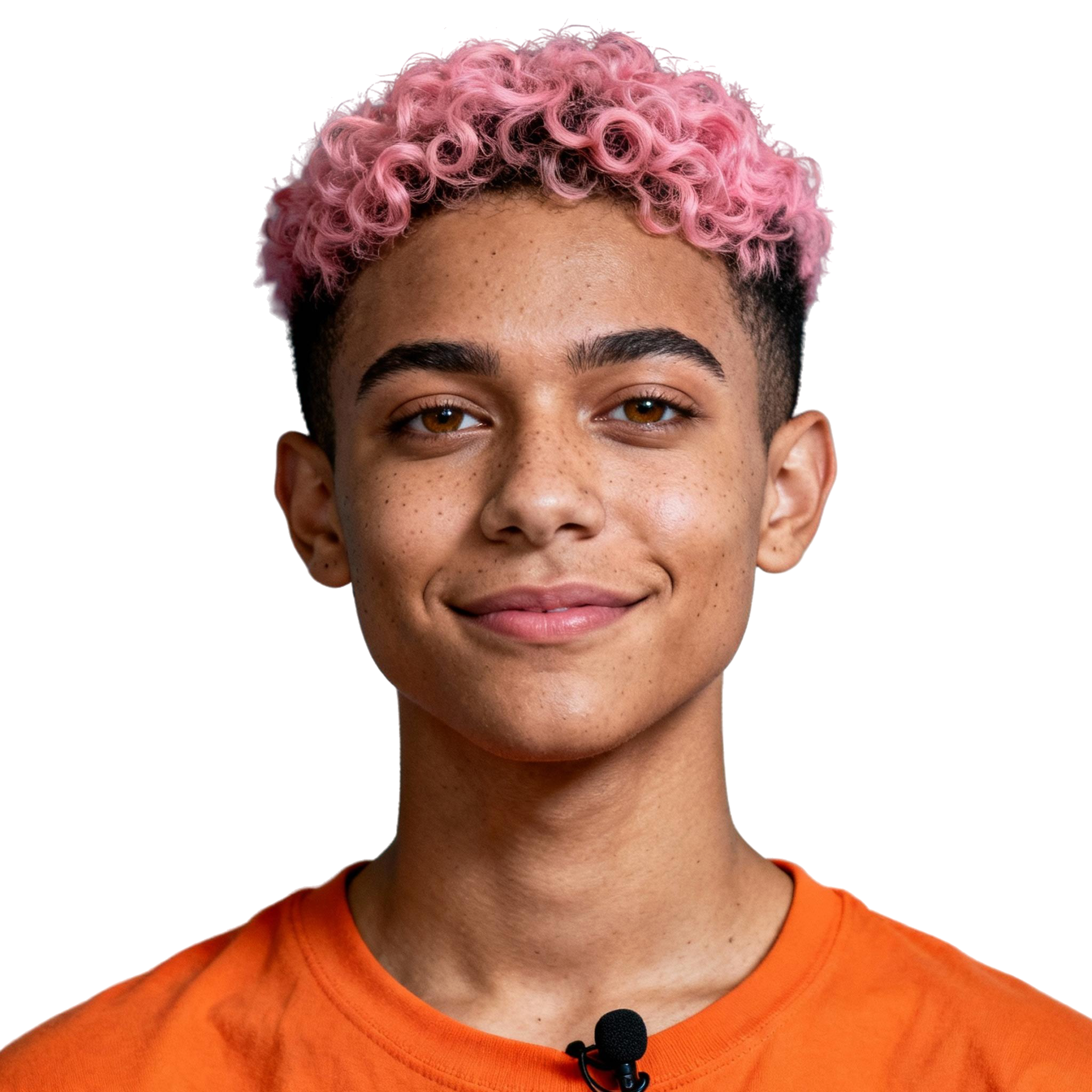 AI-generated portrait of a young person with short curly pink hair and freckles, wearing a casual top, posed with a soft smile against a transparent background with LED-style lighting.