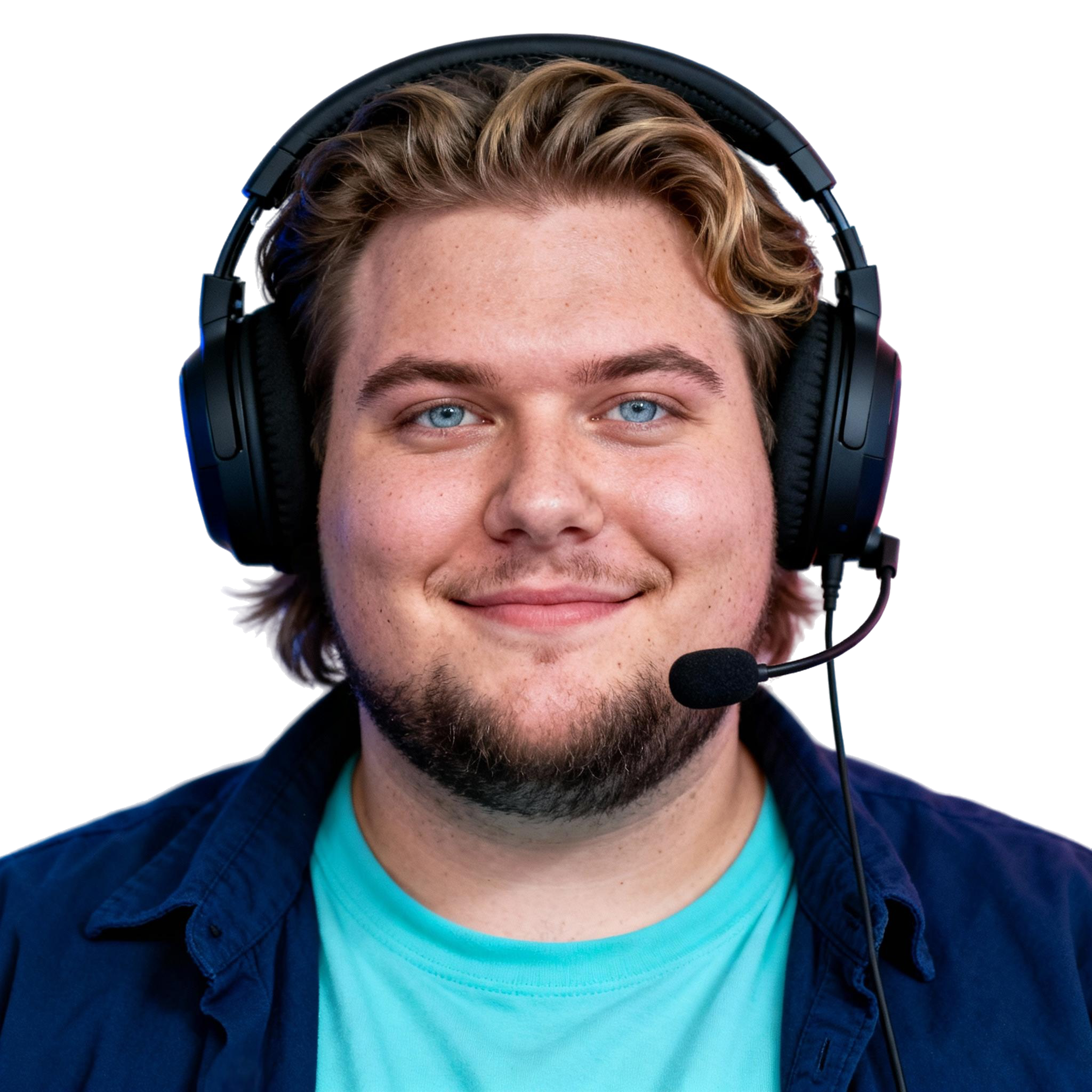 AI-generated portrait of a young man with medium-length hair and light facial hair, wearing a T-shirt and over-ear headset, posed with a relaxed smile against a transparent background with LED-style lighting.