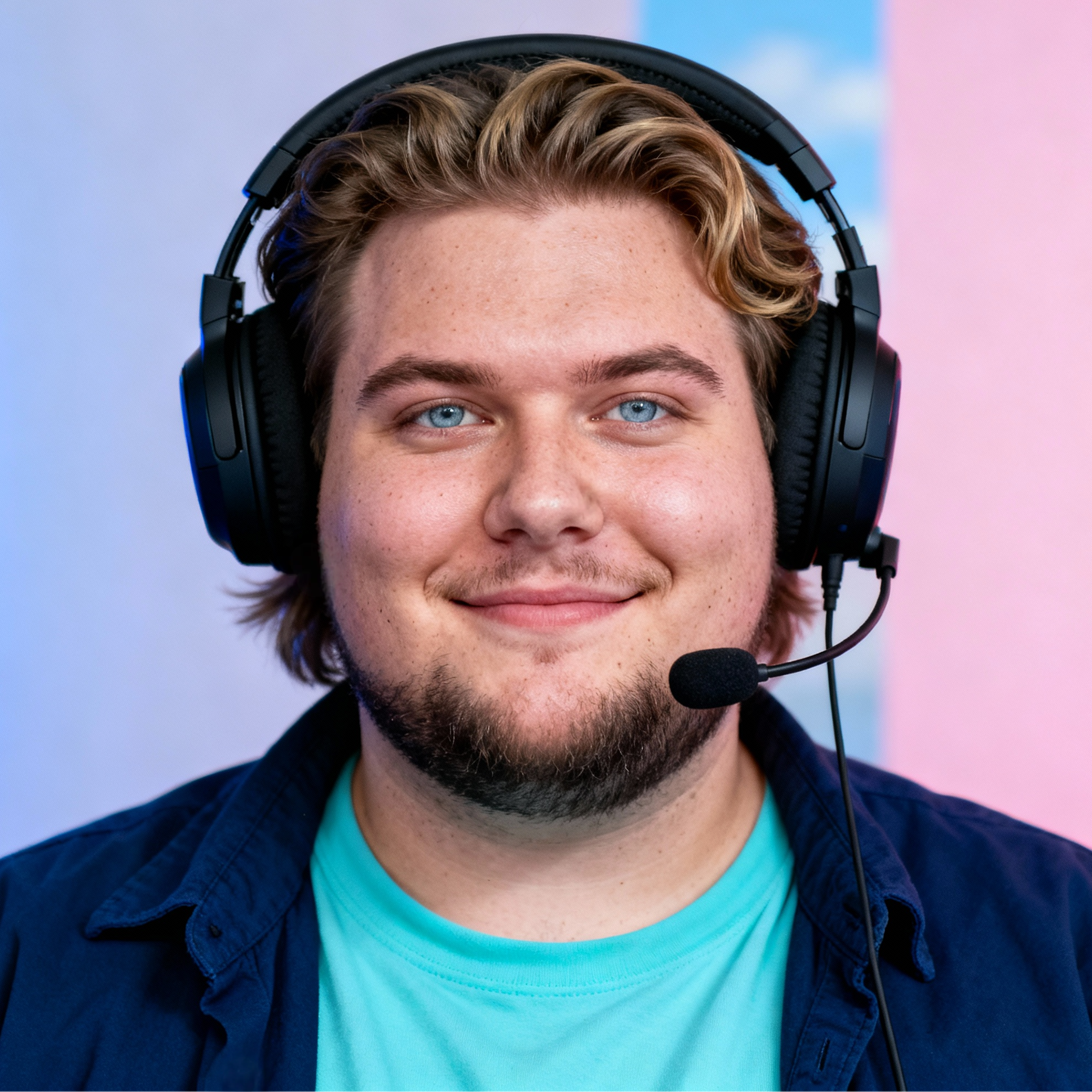 AI-generated portrait of a young man with medium-length hair and light facial hair, wearing a T-shirt and over-ear headset, posed with a relaxed smile against a colorful LED-lit background.