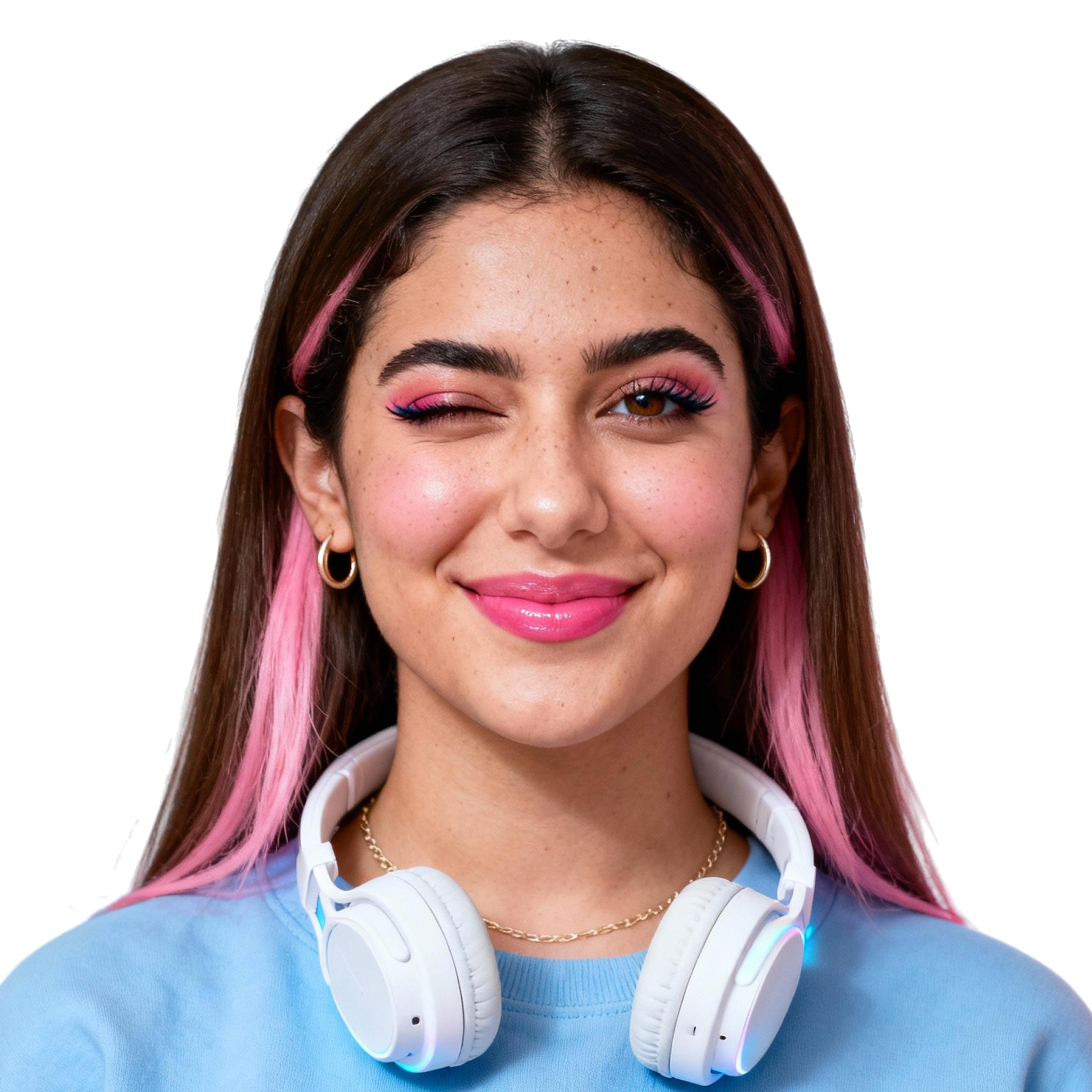 AI-generated portrait of a young woman with long hair and pink highlights, wearing headphones around her neck and a casual top, posed with a wink and smile against a transparent background with LED-style lighting.