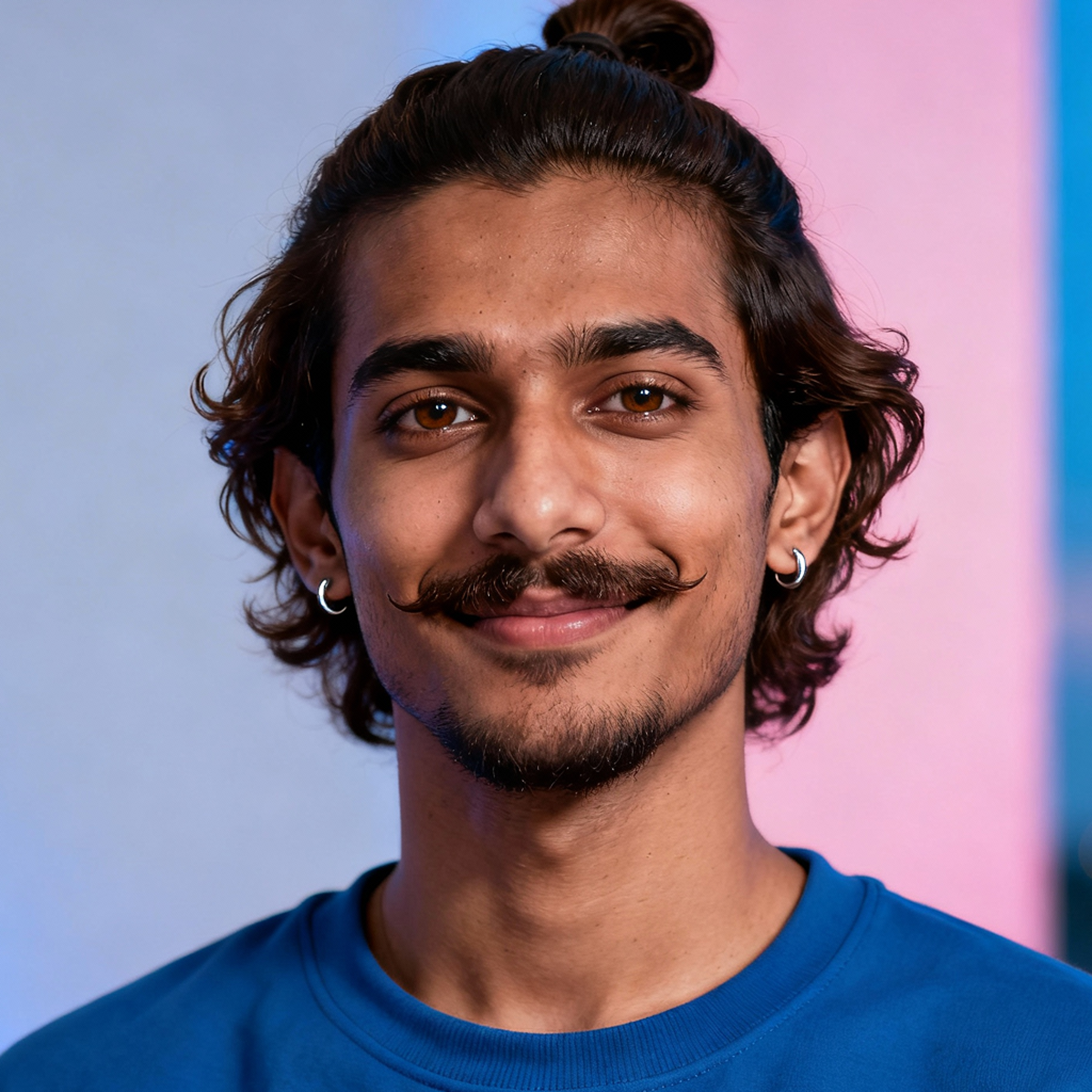 AI-generated portrait of a young man with tied-back hair and a mustache, wearing a casual sweatshirt, posed with a calm smile against a soft LED-lit background.