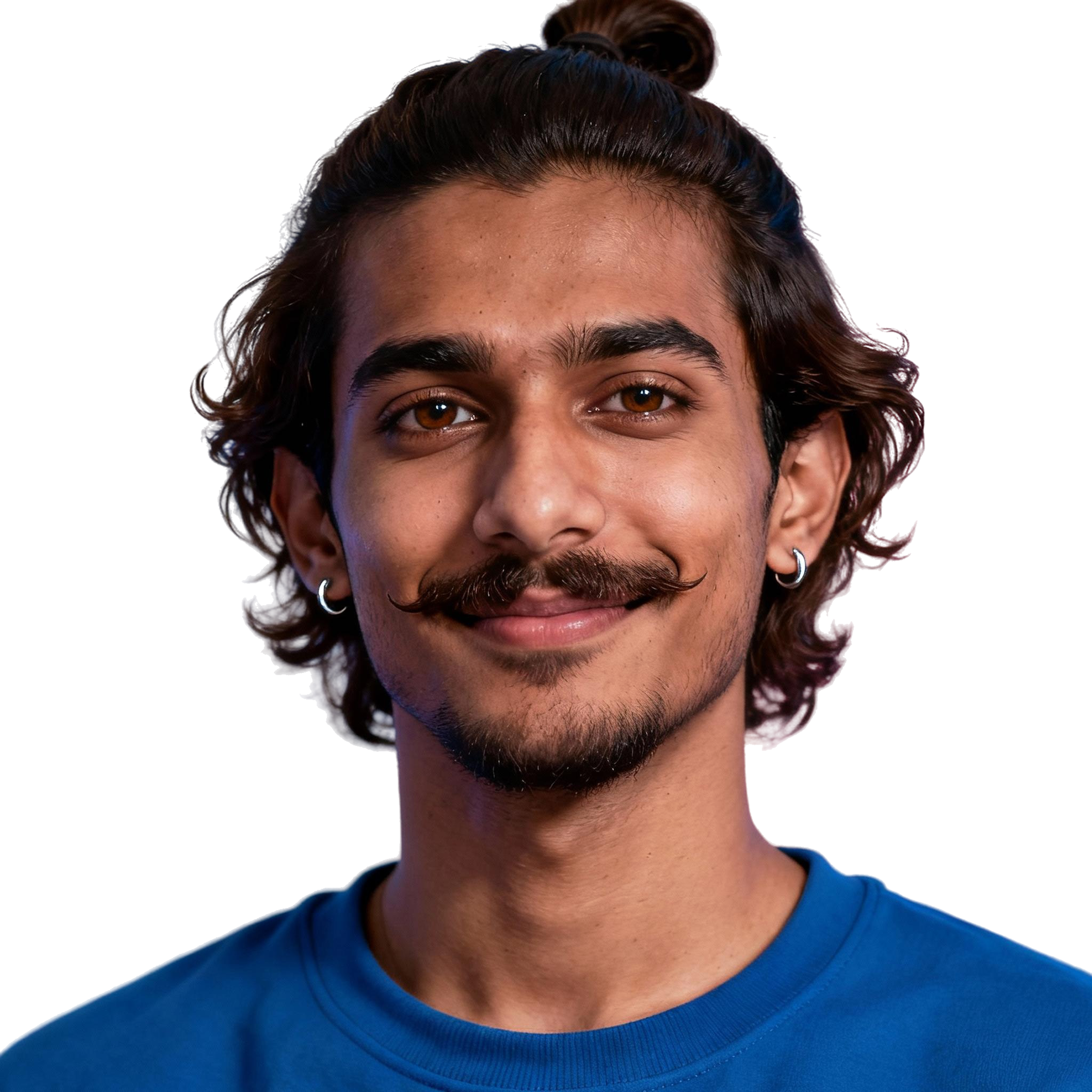 AI-generated portrait of a young man with tied-back hair and a mustache, wearing a casual sweatshirt, posed with a calm smile against a transparent background with LED-style lighting.