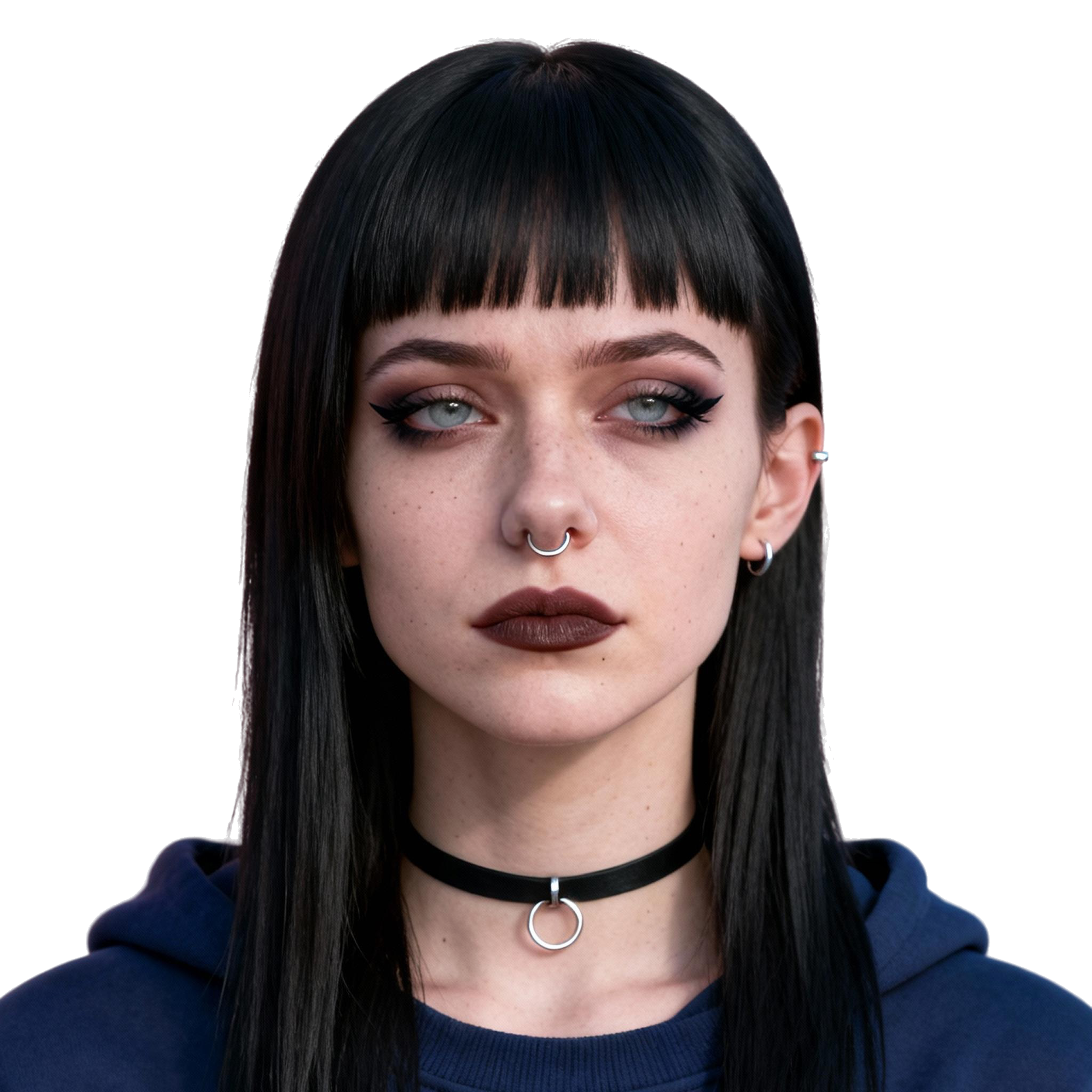 AI-generated portrait of a young woman with straight dark hair and blunt bangs, wearing a choker and hoodie, posed with a neutral expression against a transparent background with LED-style lighting.