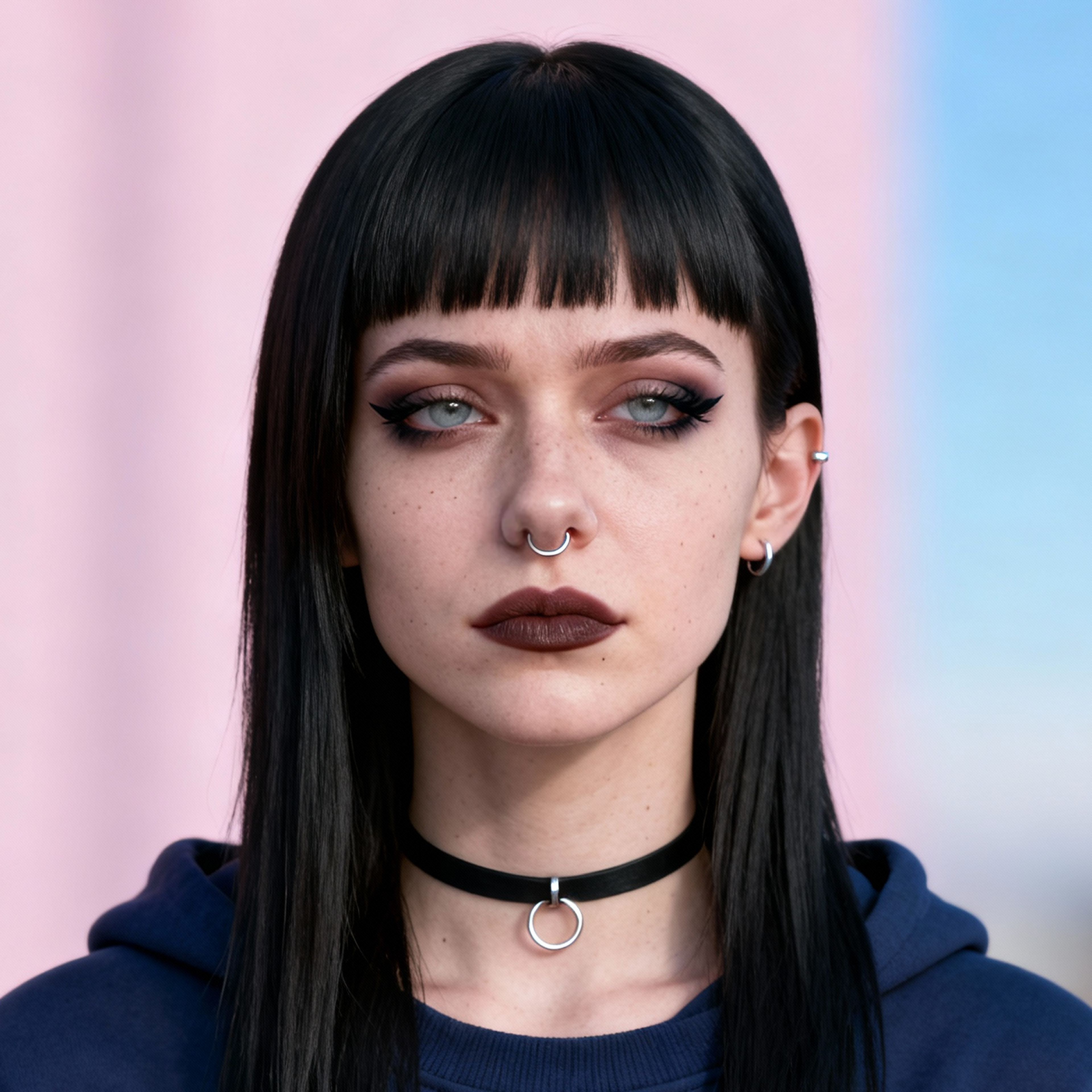 AI-generated portrait of a young woman with straight dark hair and blunt bangs, wearing a choker and hoodie, posed with a neutral expression against a cool LED-lit background.