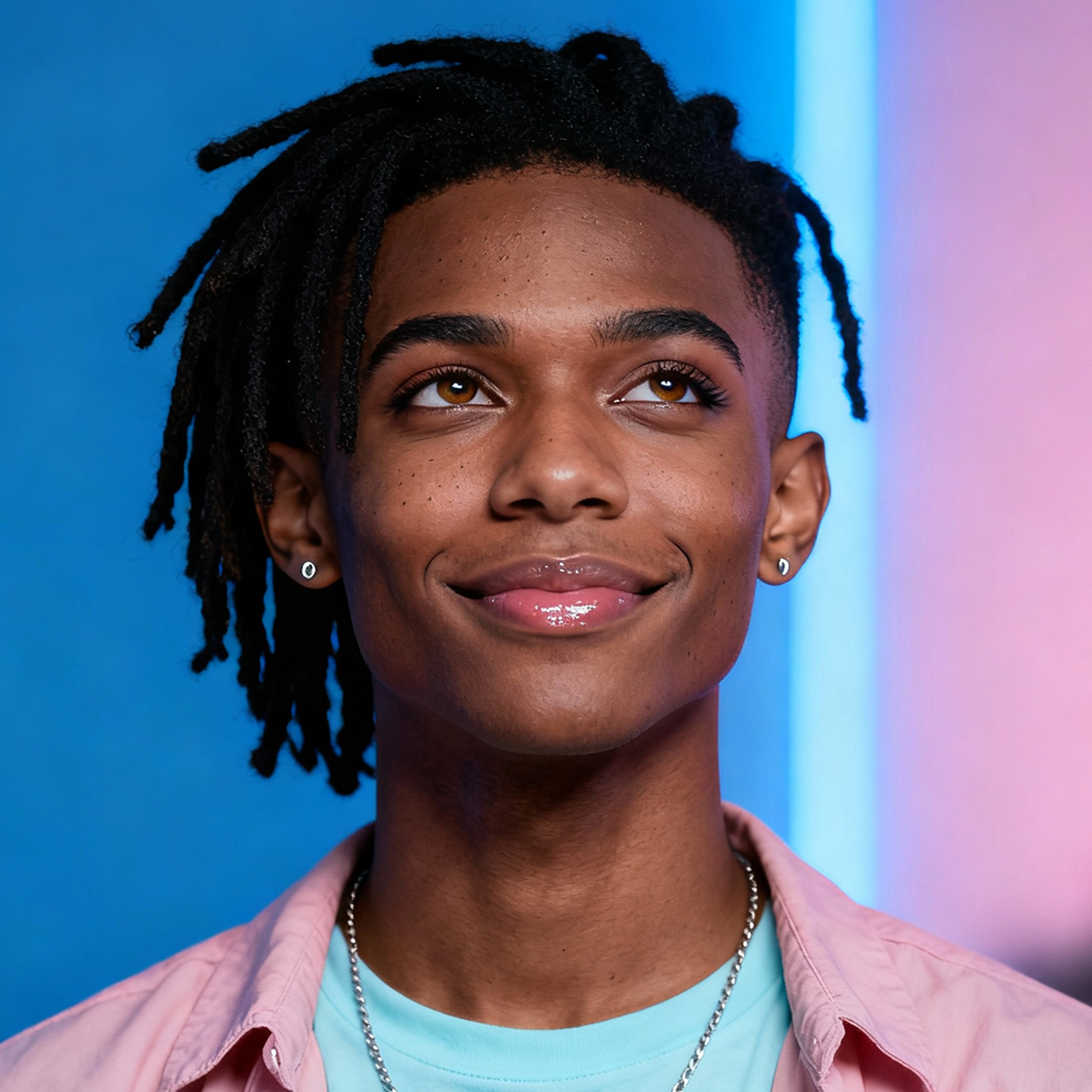 AI-generated portrait of a young man with short twisted hair and earrings, wearing a casual shirt, posed with a soft smile against a blue and pink LED-lit background.