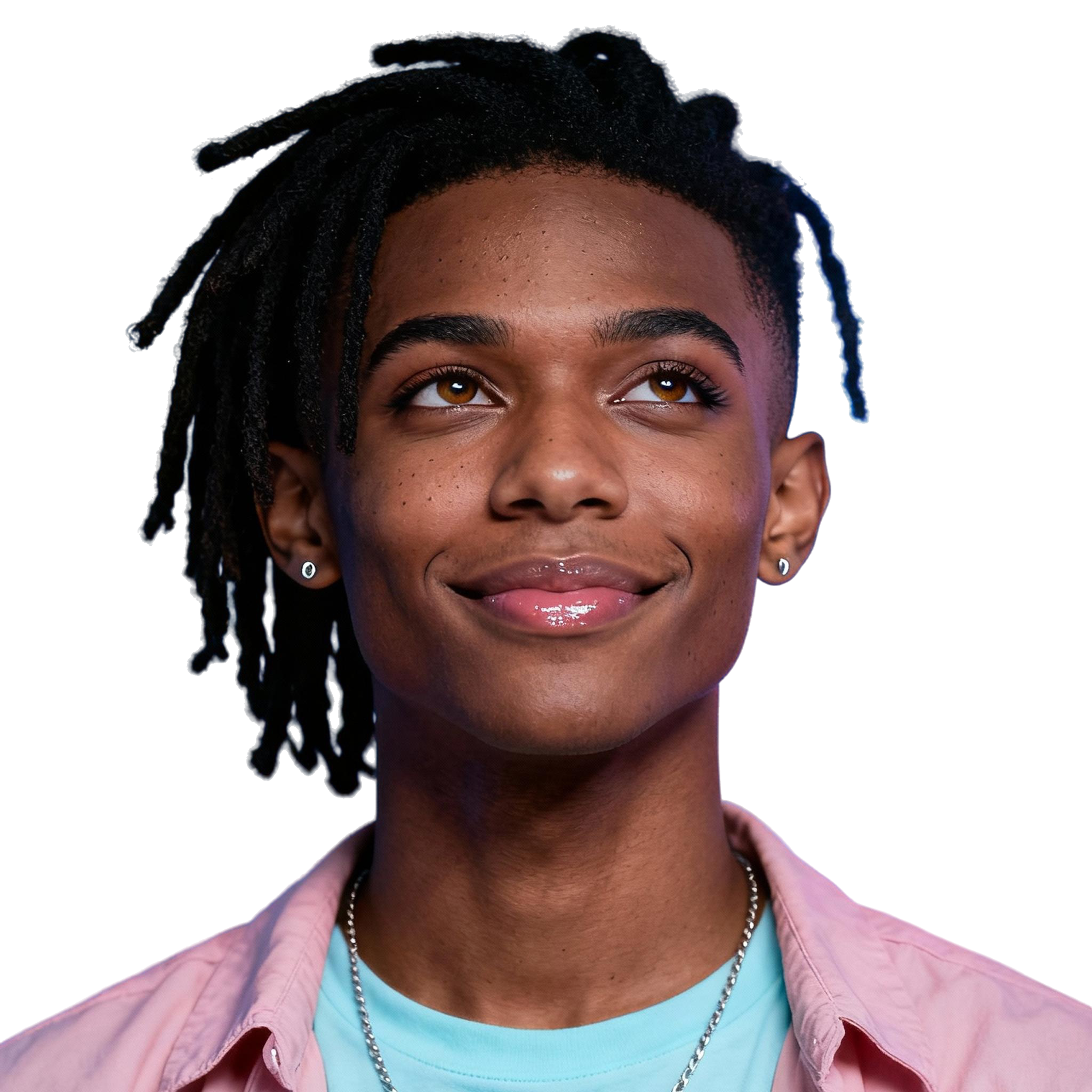 AI-generated portrait of a young man with short twisted hair and earrings, wearing a casual shirt, posed with a soft smile against a transparent background with LED-style lighting.