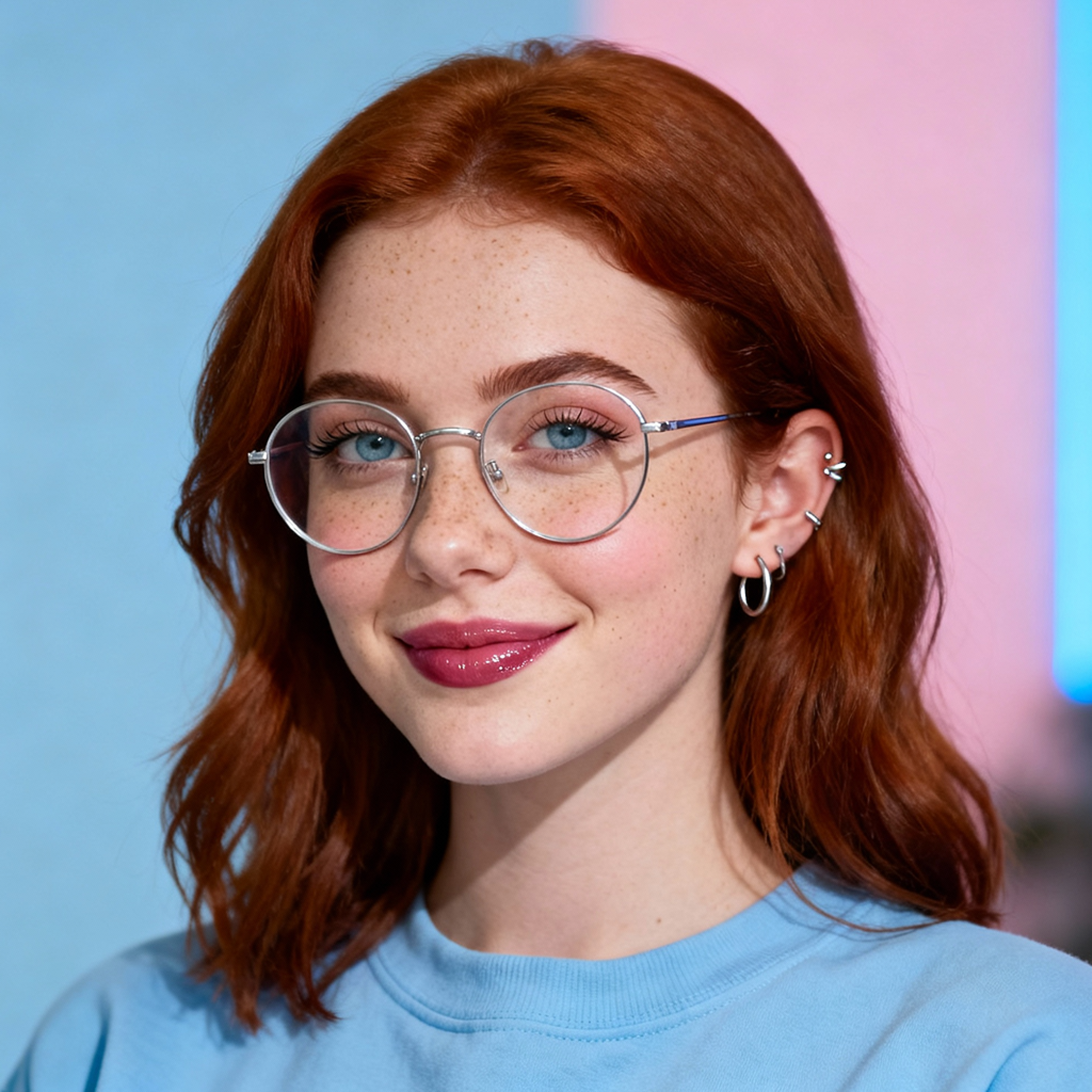 AI-generated portrait of a young woman with shoulder-length red hair and glasses, wearing a casual top, posed with a gentle smile against a blue and pink LED-lit background.