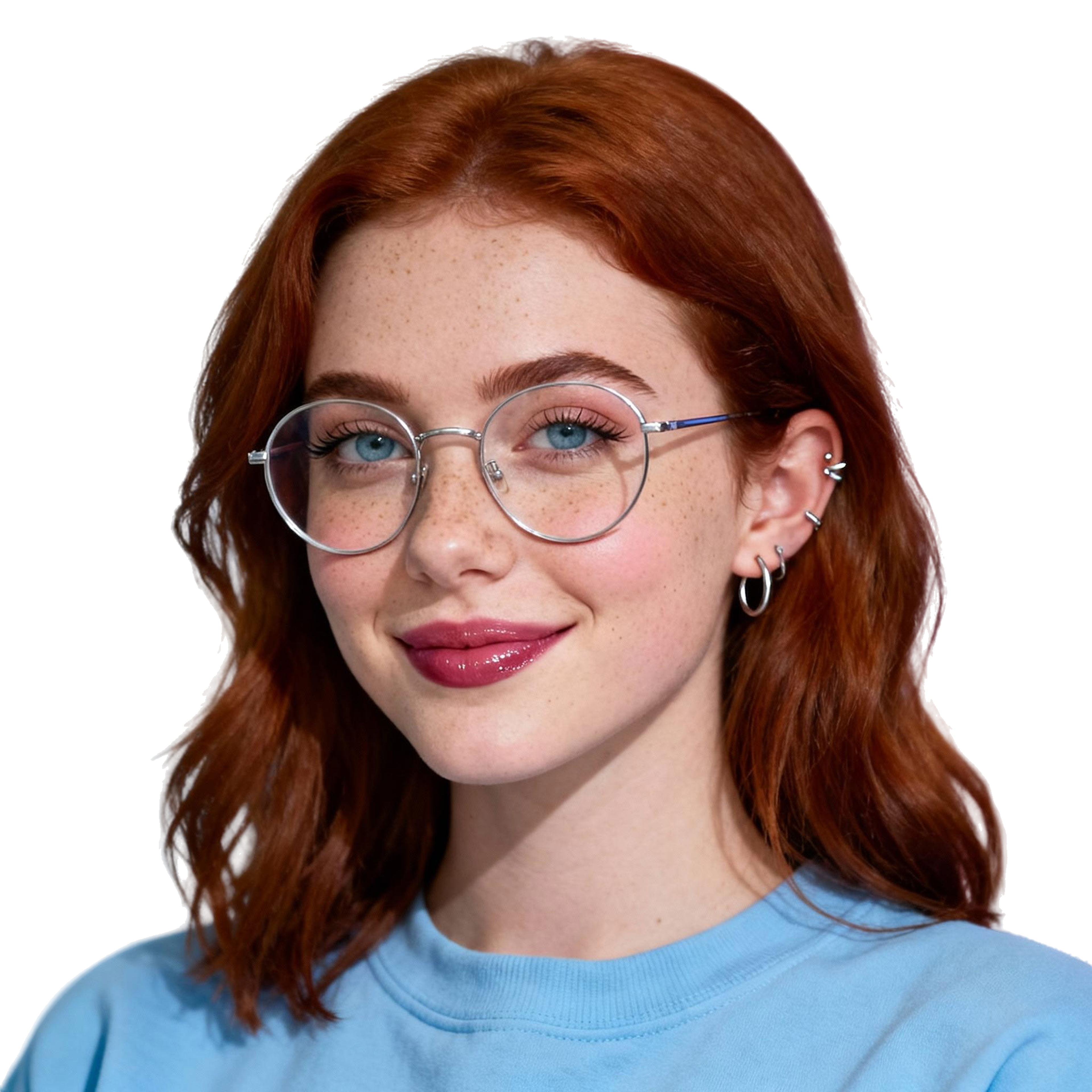 AI-generated portrait of a young woman with shoulder-length red hair and glasses, wearing a casual top, posed with a gentle smile against a transparent background with LED-style lighting.
