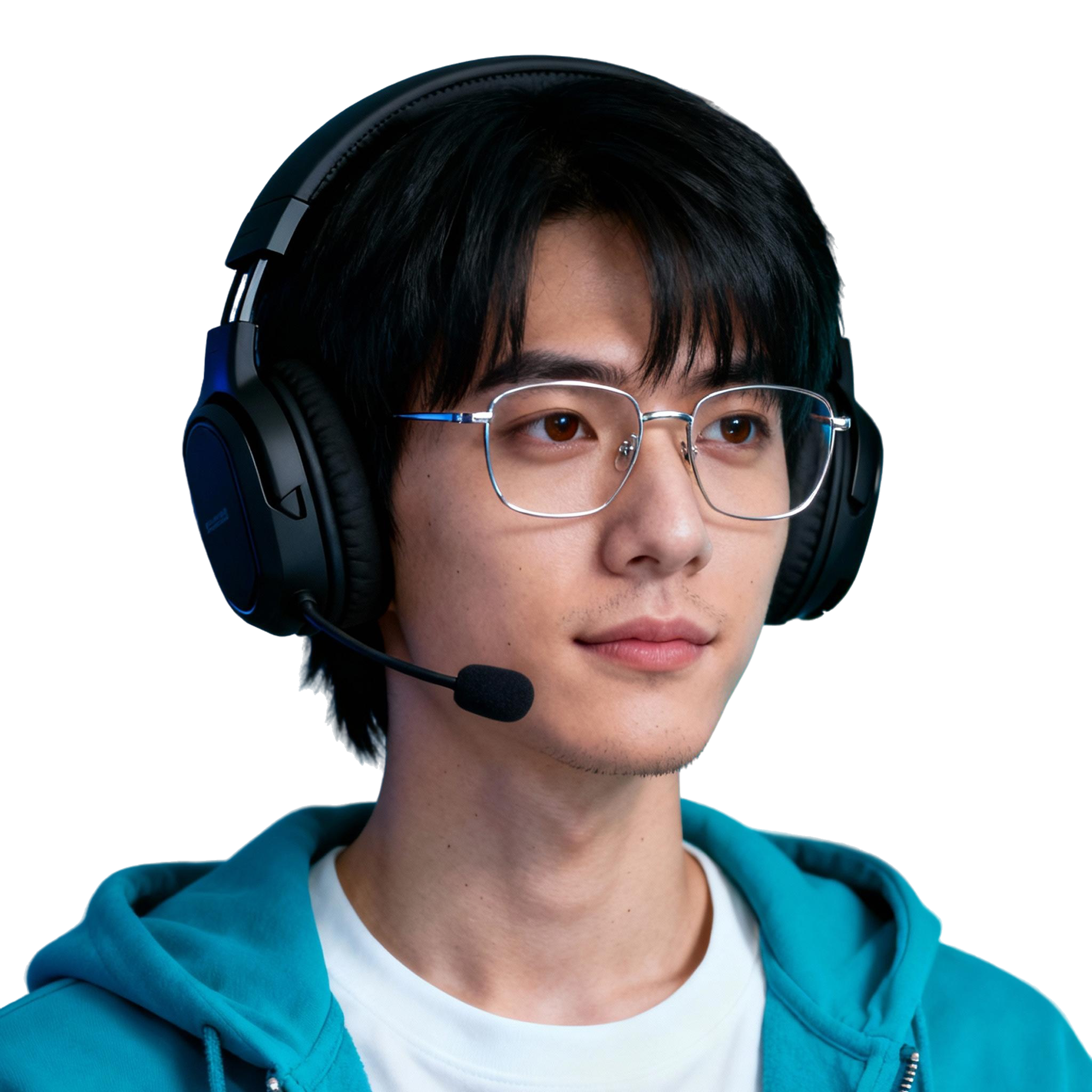 AI-generated portrait of a young man with straight hair and glasses, wearing a hoodie and headset, posed with a neutral expression against a transparent background with LED-style lighting.