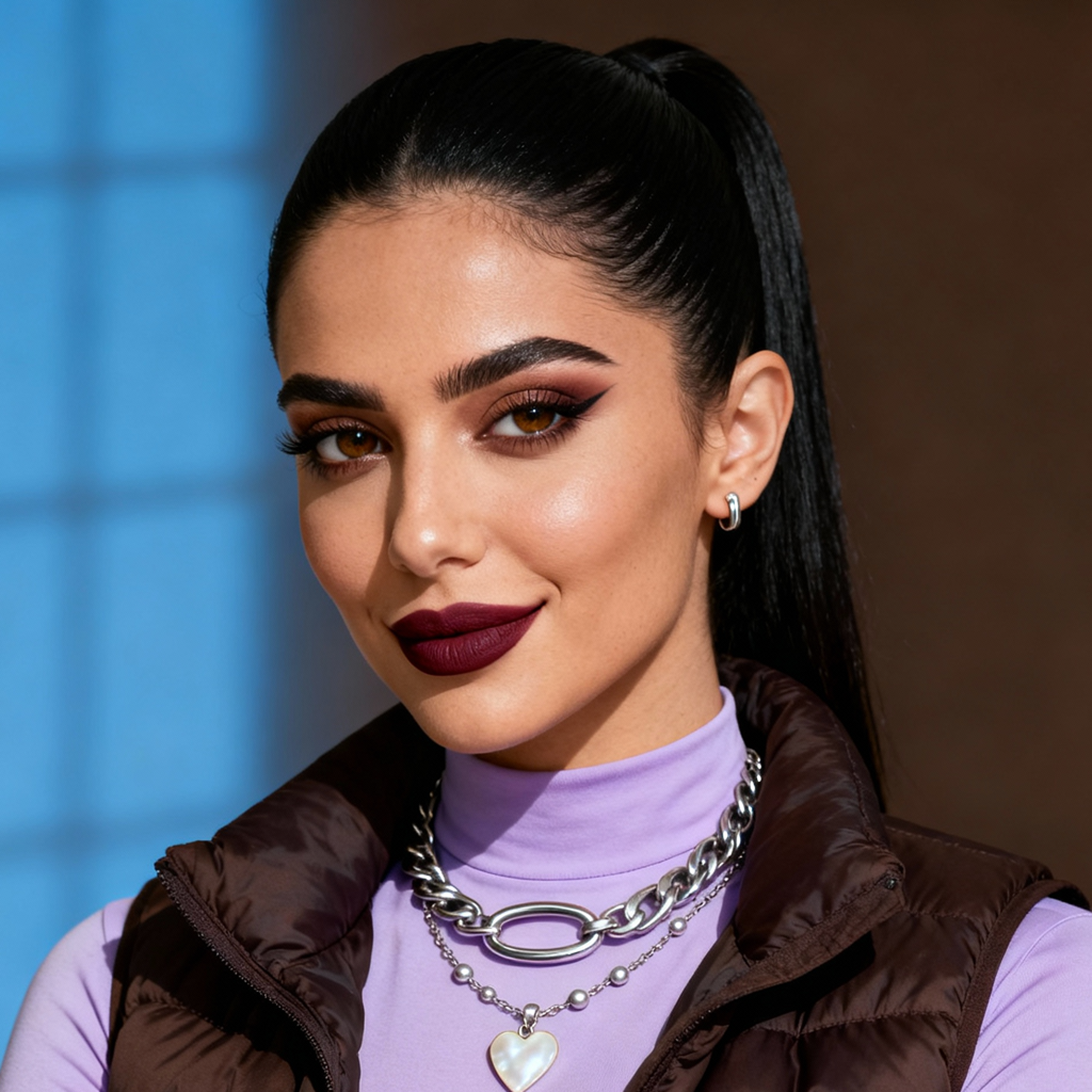 AI-generated portrait of a young woman with slicked-back dark hair and defined makeup, wearing a high-neck top, layered chains, and a padded vest, posed with a confident expression against a blue studio background in directional light.