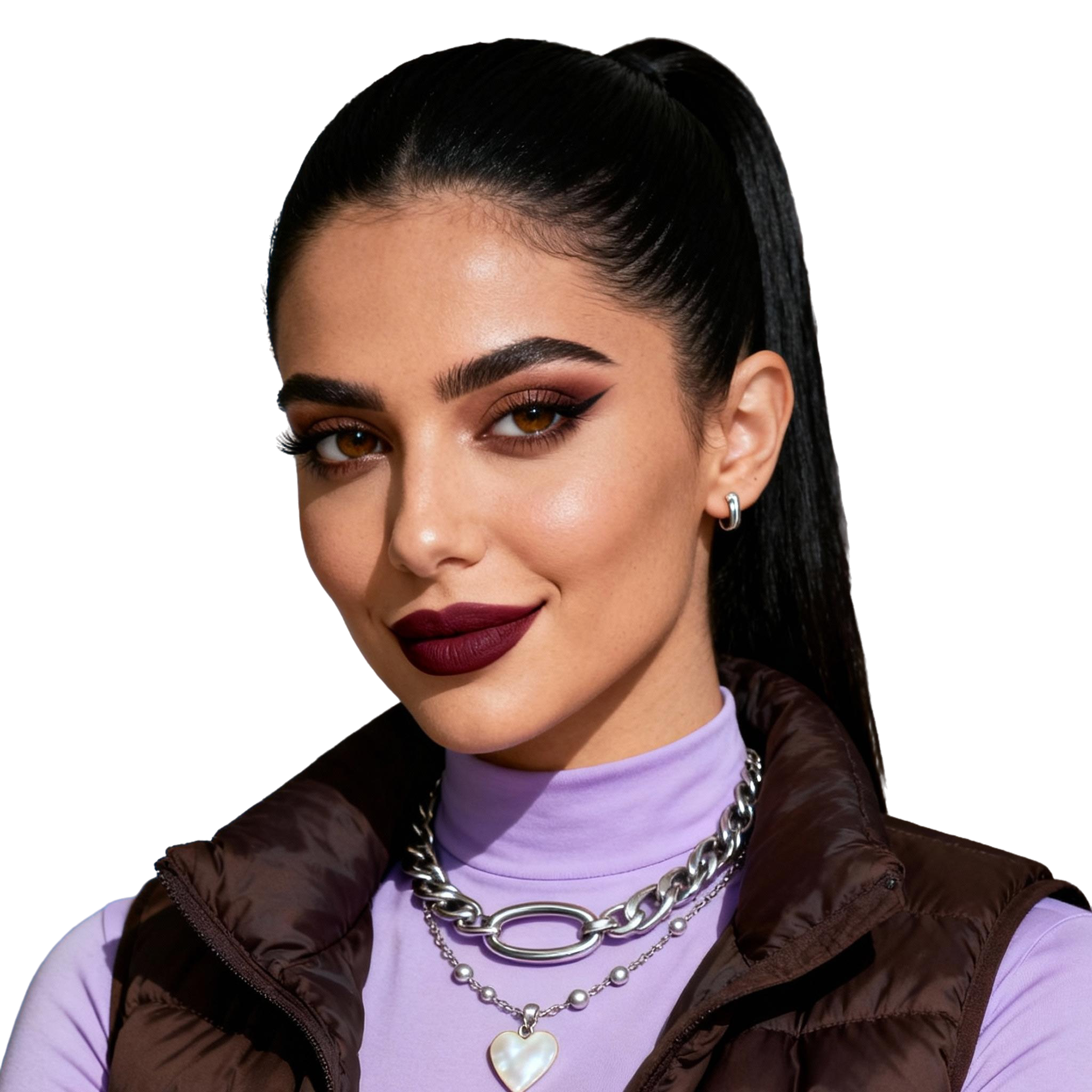 AI-generated portrait of a young woman with slicked-back dark hair and defined makeup, wearing a high-neck top, layered chains, and a padded vest, posed with a confident expression against a transparent background in directional light.