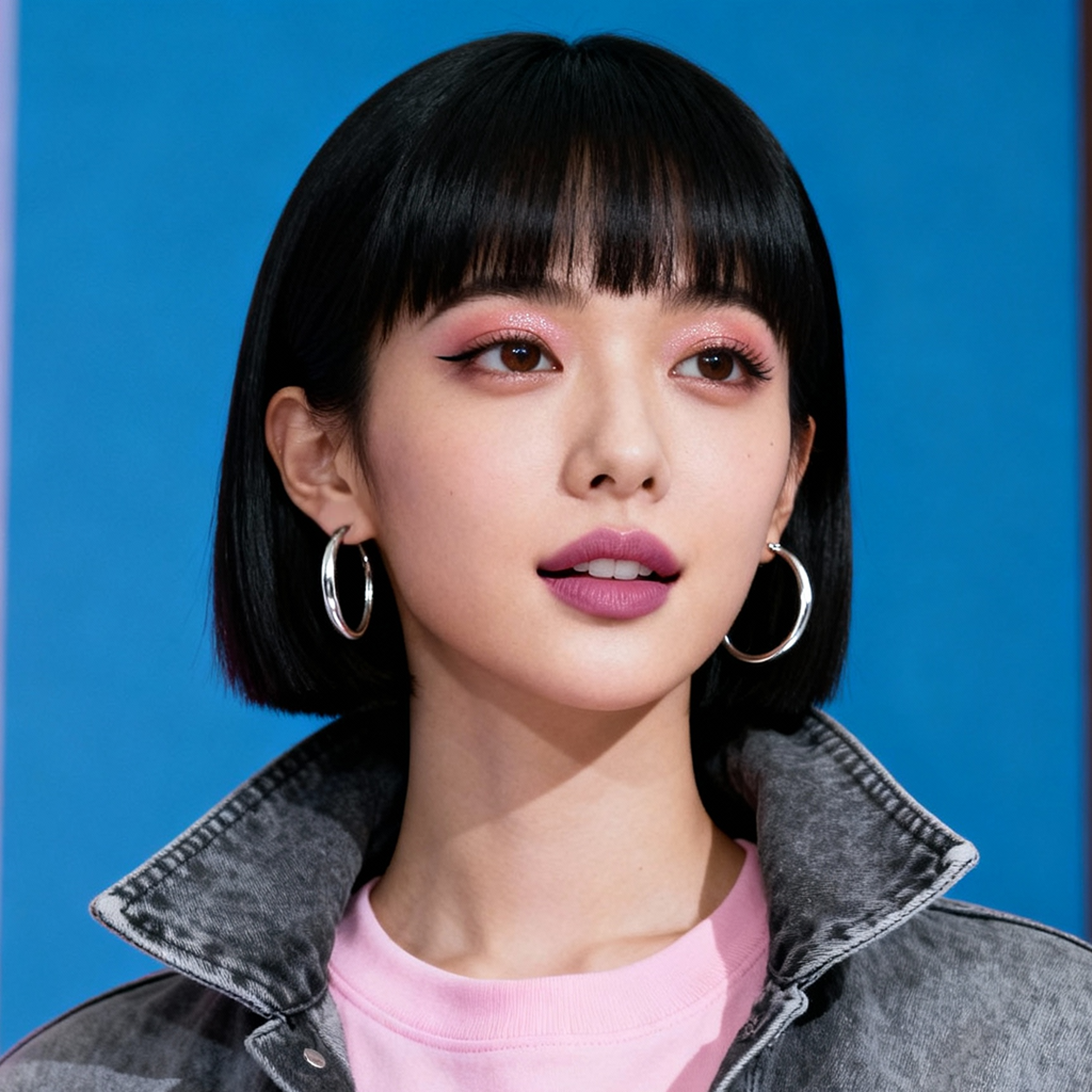 AI-generated portrait of a young woman with a straight bob haircut and bangs, wearing hoop earrings, a denim jacket, and a crewneck top, posed with a composed expression against a blue studio background in clean directional light.