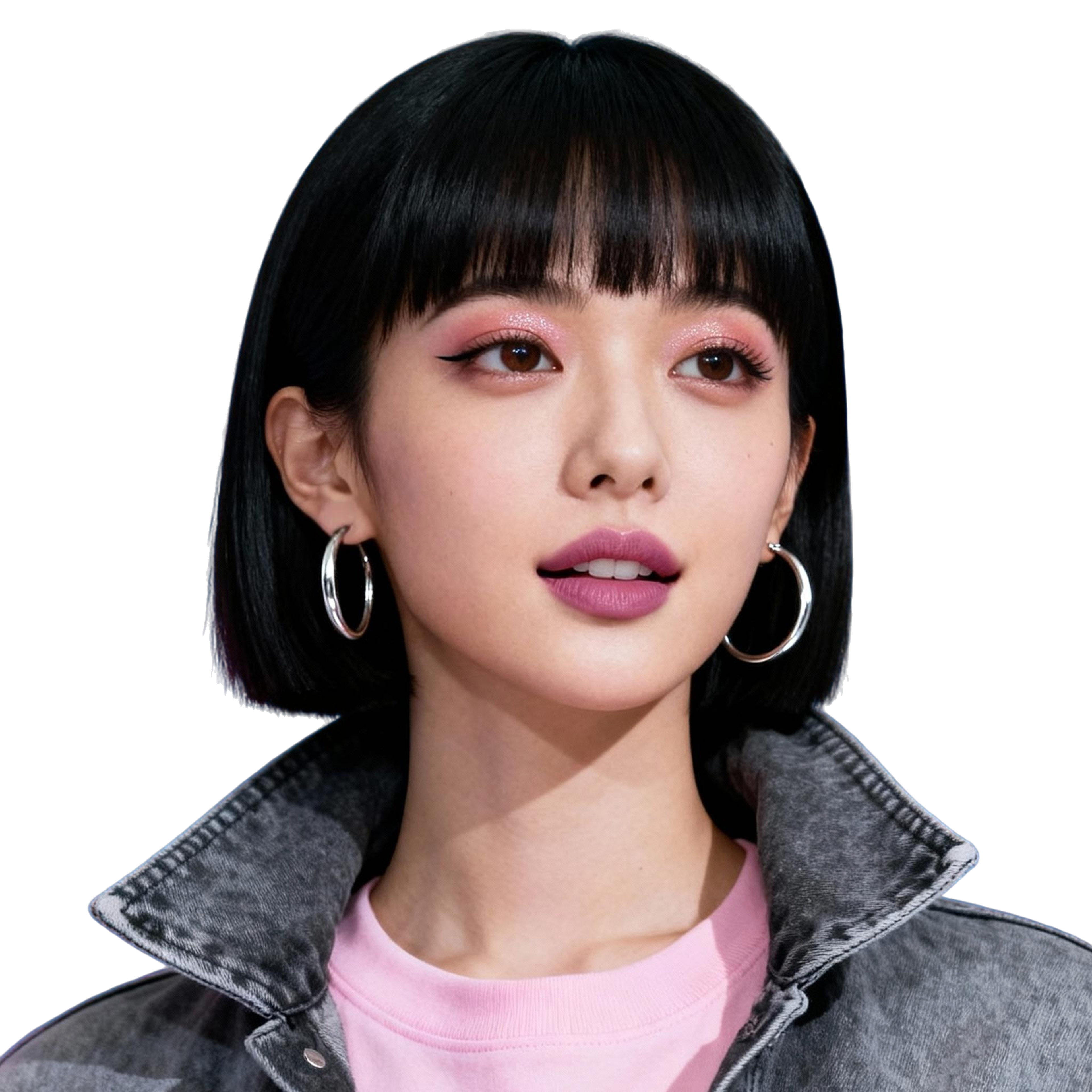 AI-generated portrait of a young woman with a straight bob haircut and bangs, wearing hoop earrings, a denim jacket, and a crewneck top, posed with a composed expression against a transparent background in clean directional light.