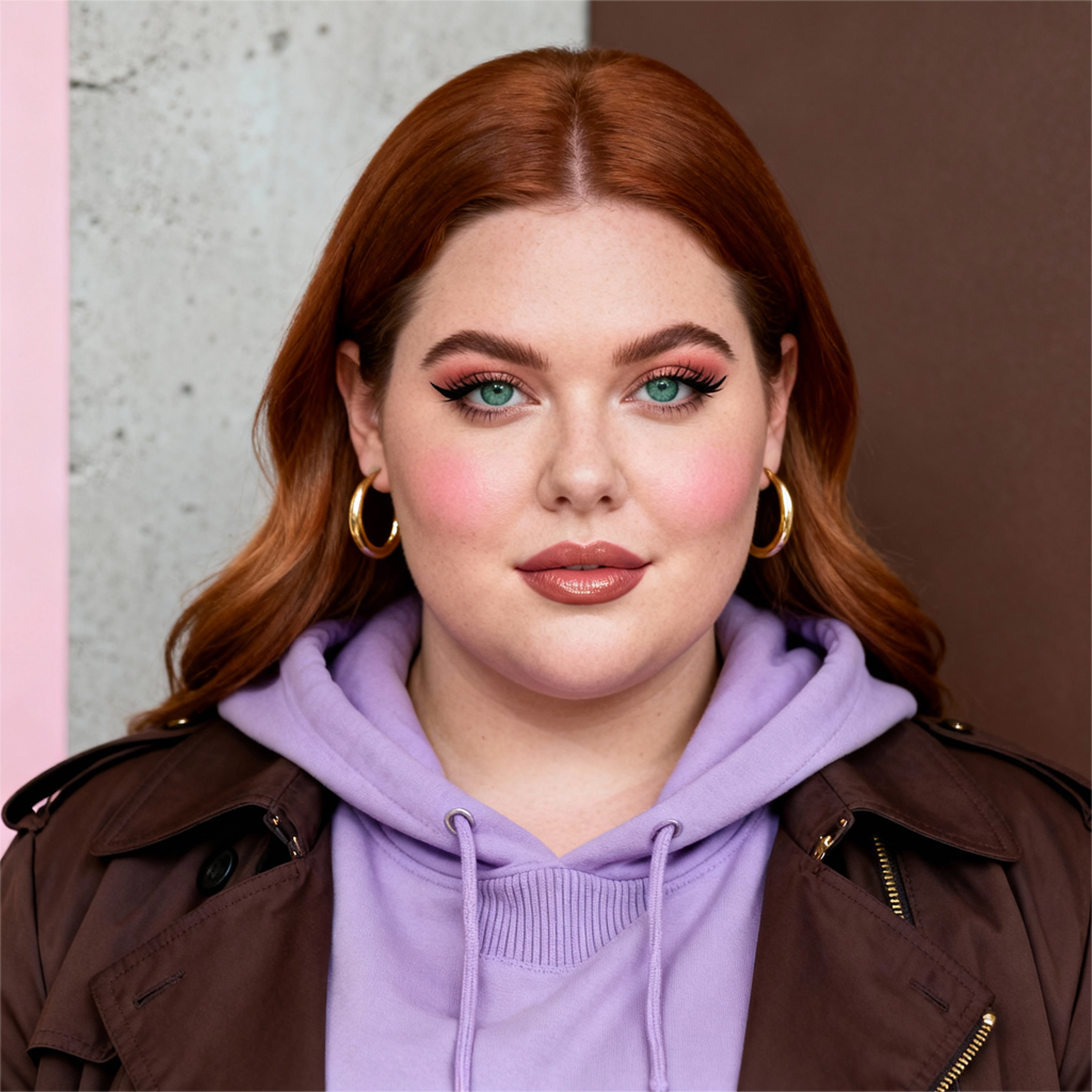 AI-generated portrait of a young woman with long softly waved hair, wearing hoop earrings, a hoodie, and a structured jacket, posed with a calm expression against a textured neutral background in soft studio light.