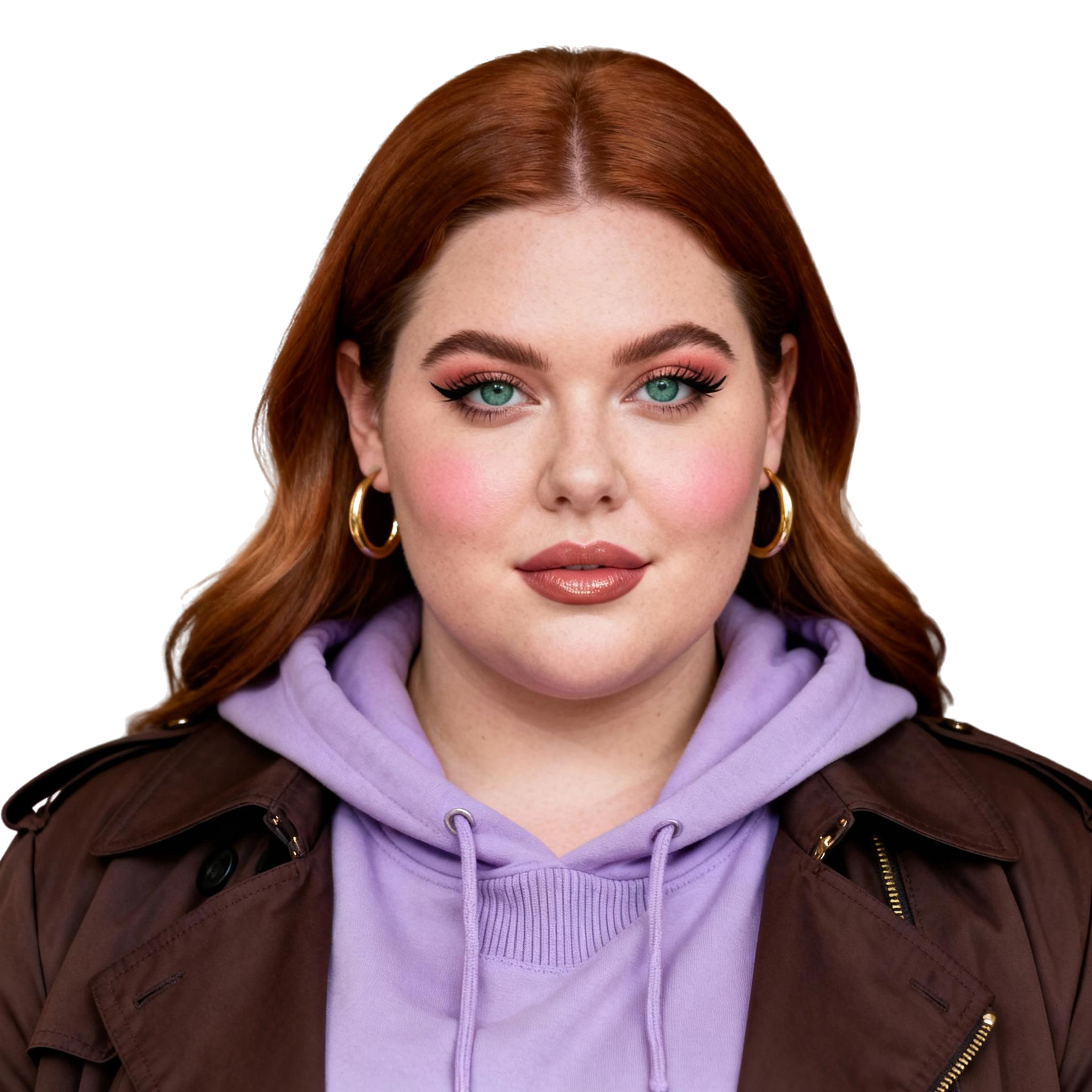AI-generated portrait of a young woman with long softly waved hair, wearing hoop earrings, a hoodie, and a structured jacket, posed with a calm expression against a transparent background in soft studio light.