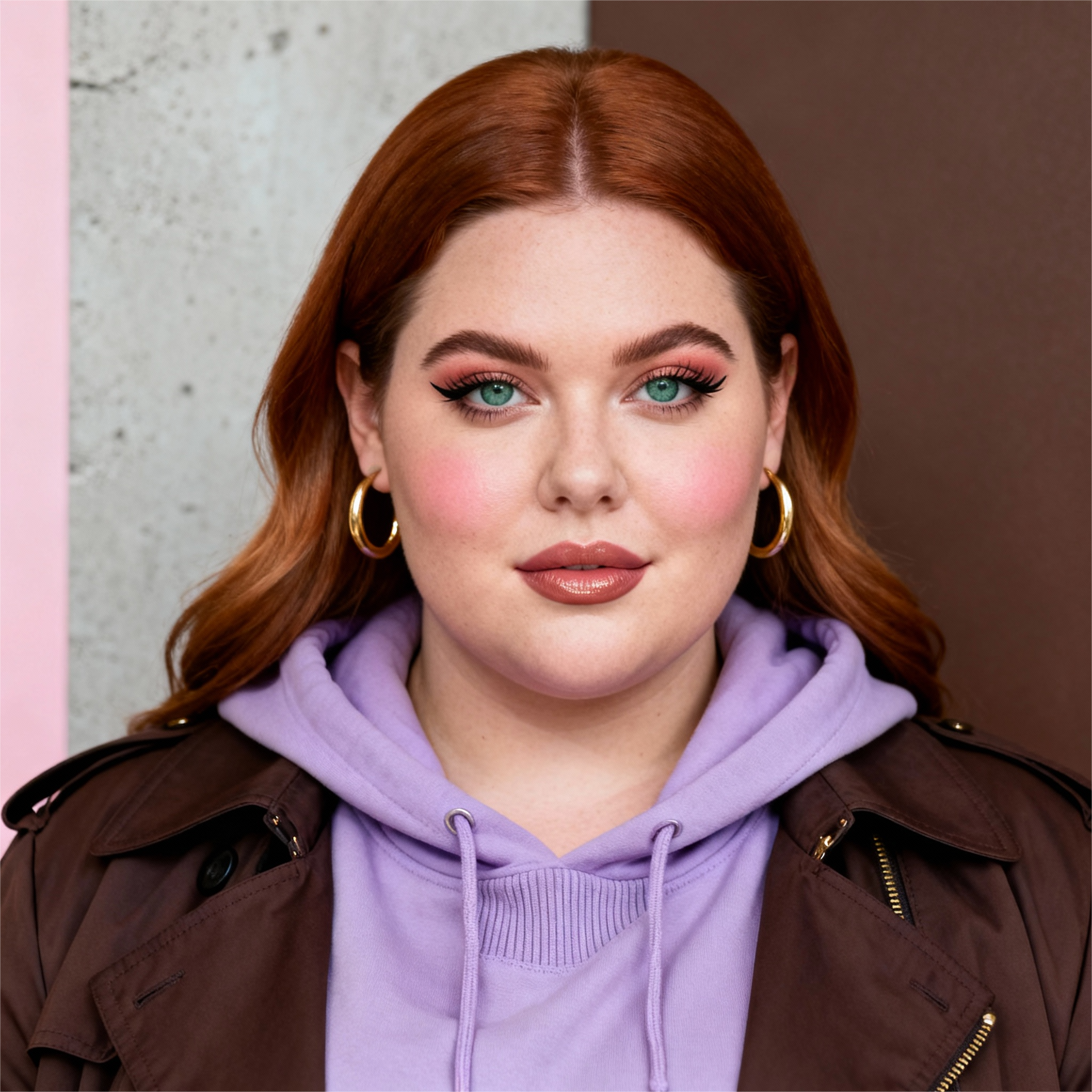 AI-generated portrait of a young woman with long softly waved hair, wearing hoop earrings, a hoodie, and a structured jacket, posed with a calm expression against a textured neutral background in soft studio light.