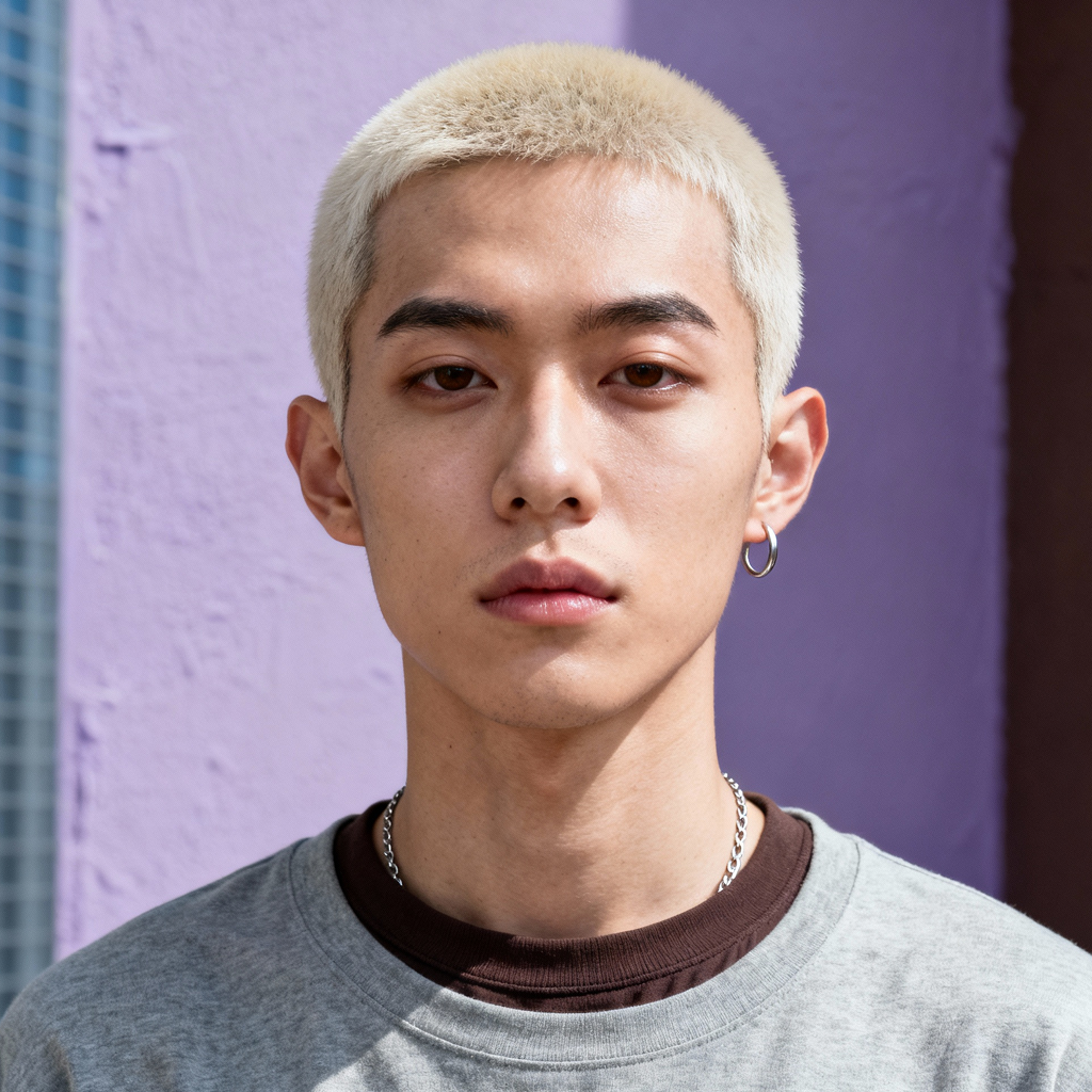 AI-generated portrait of a young person with a closely cropped hairstyle and defined brows, wearing a crewneck sweatshirt and hoop earrings, posed with a neutral expression against a muted purple studio background in directional light.