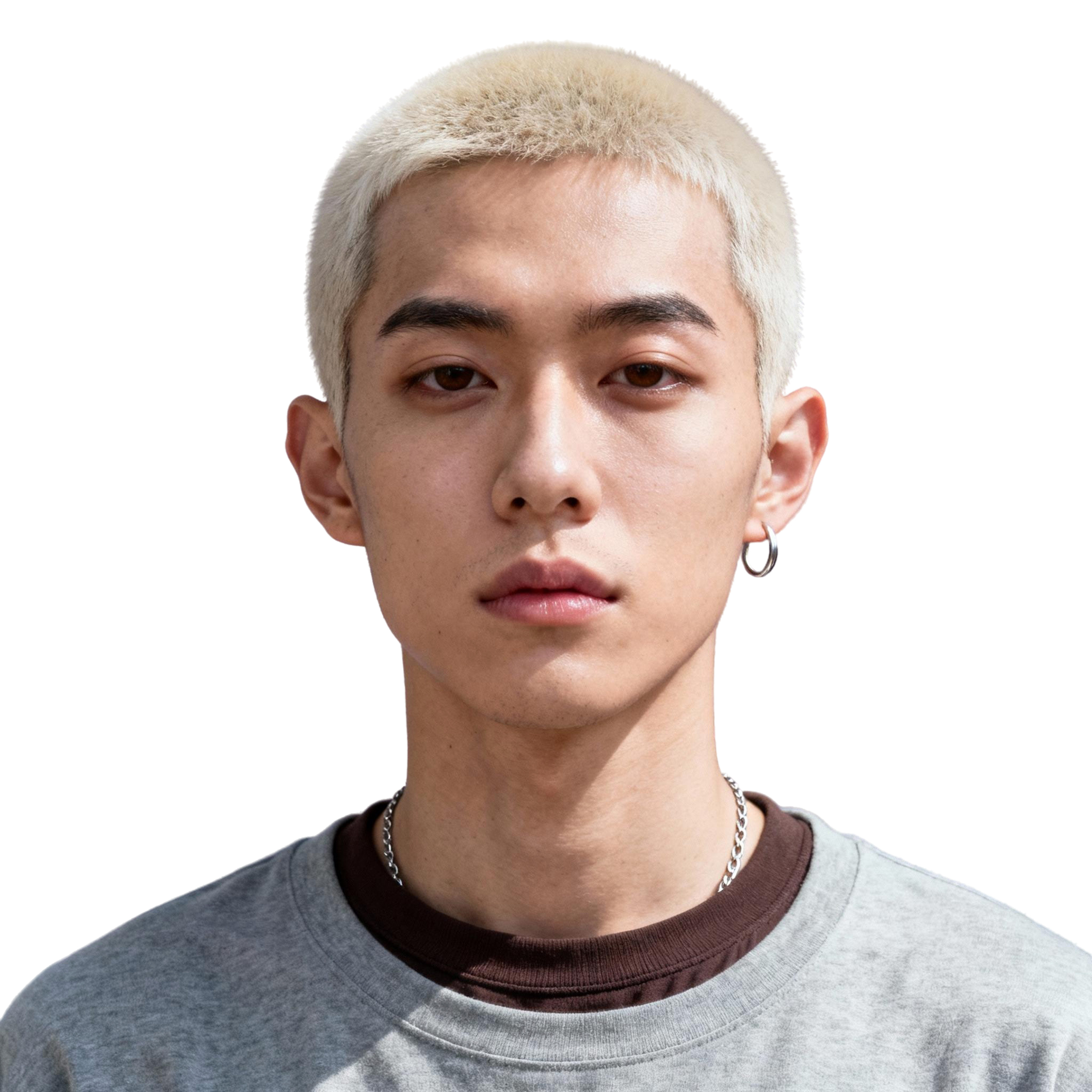 AI-generated portrait of a young person with a closely cropped hairstyle and defined brows, wearing a crewneck sweatshirt and hoop earrings, posed with a neutral expression against a transparent background in directional light.