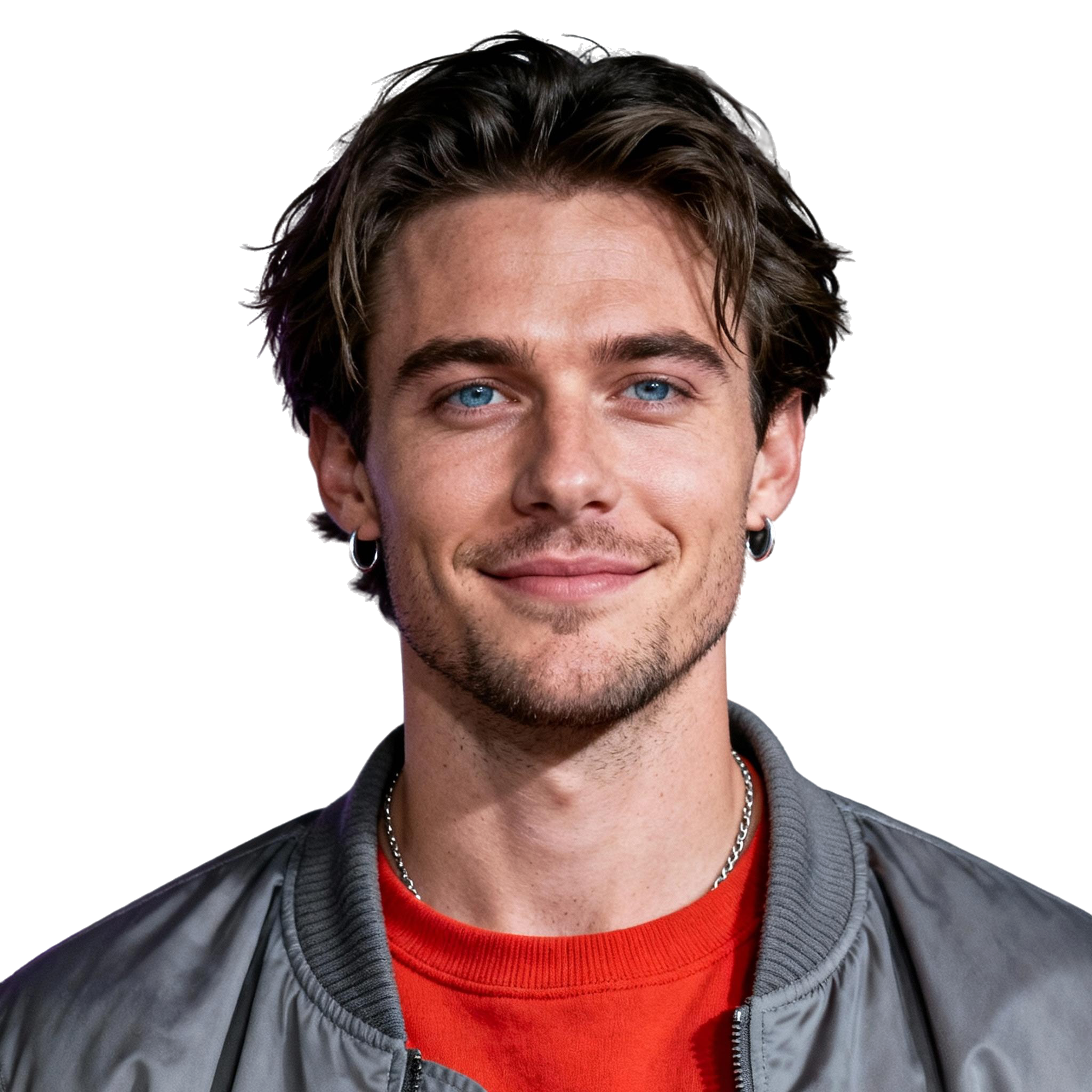 AI-generated portrait of a young man with medium-length tousled hair and light facial hair, wearing a crewneck shirt and bomber jacket, posed with a soft smile against a transparent background in directional light.