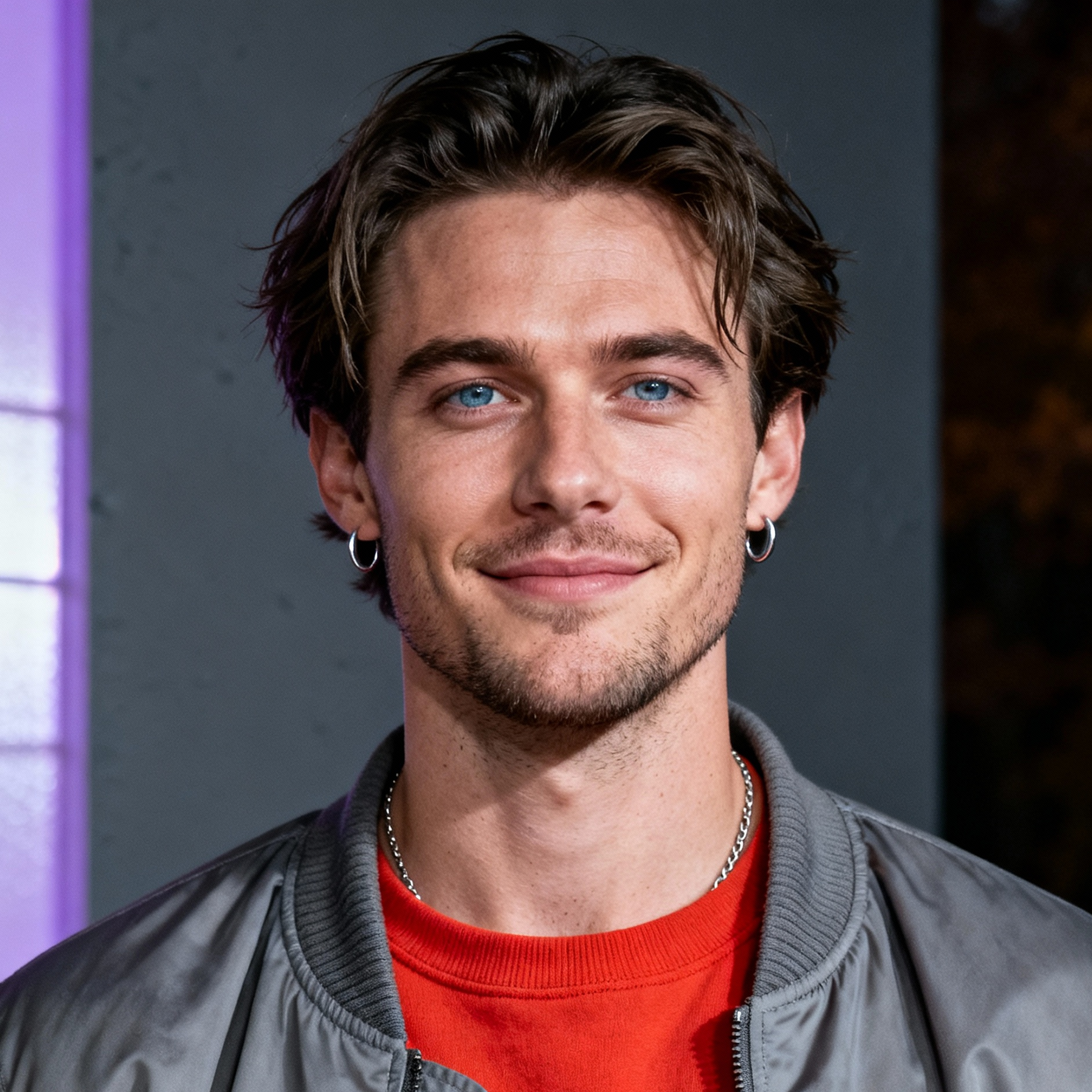 AI-generated portrait of a young man with medium-length tousled hair and light facial hair, wearing a crewneck shirt and bomber jacket, posed with a soft smile against a dark studio background in directional light.