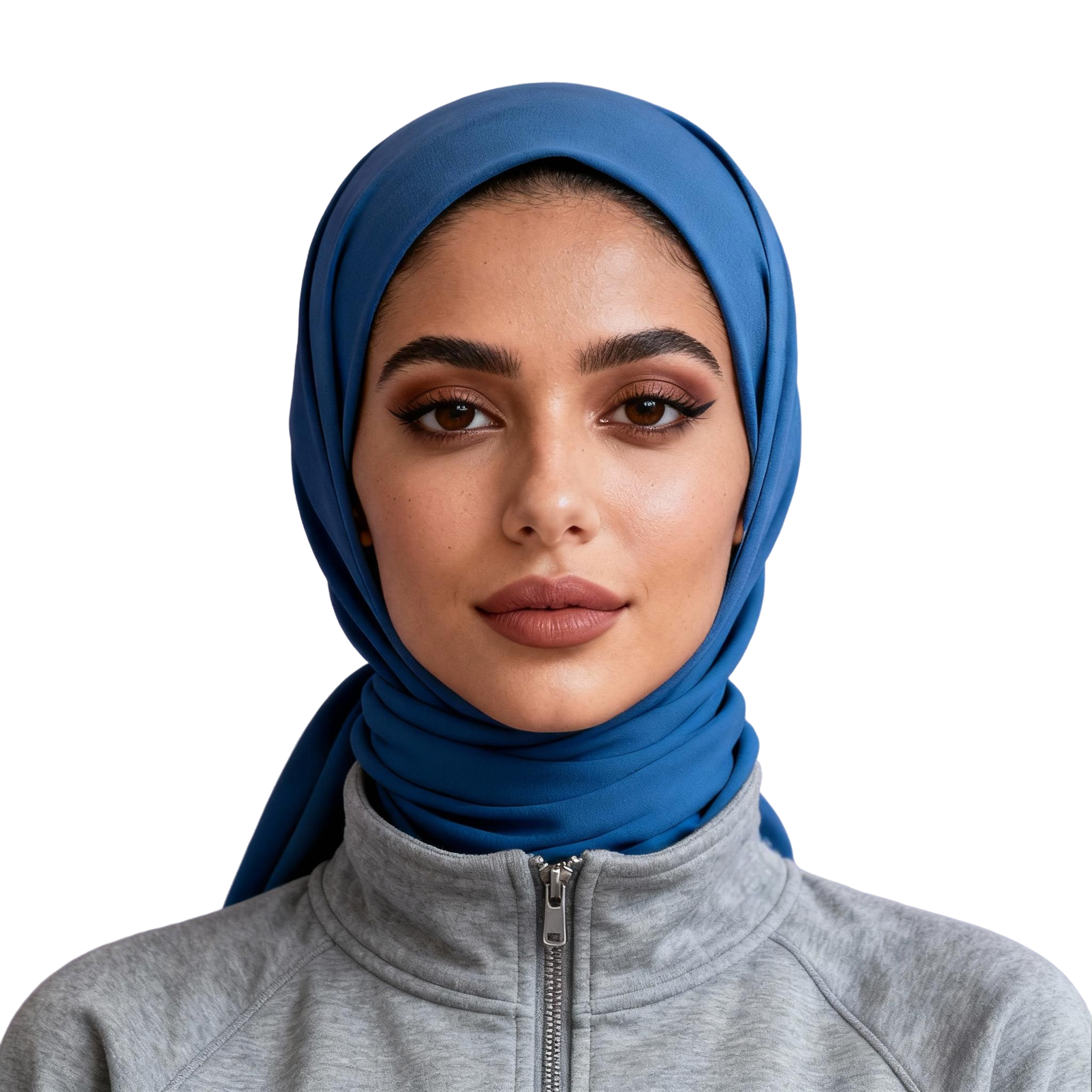 AI-generated portrait of a young woman wearing a blue headscarf and zip-up jacket, posed with a calm expression against a transparent background in even directional light.