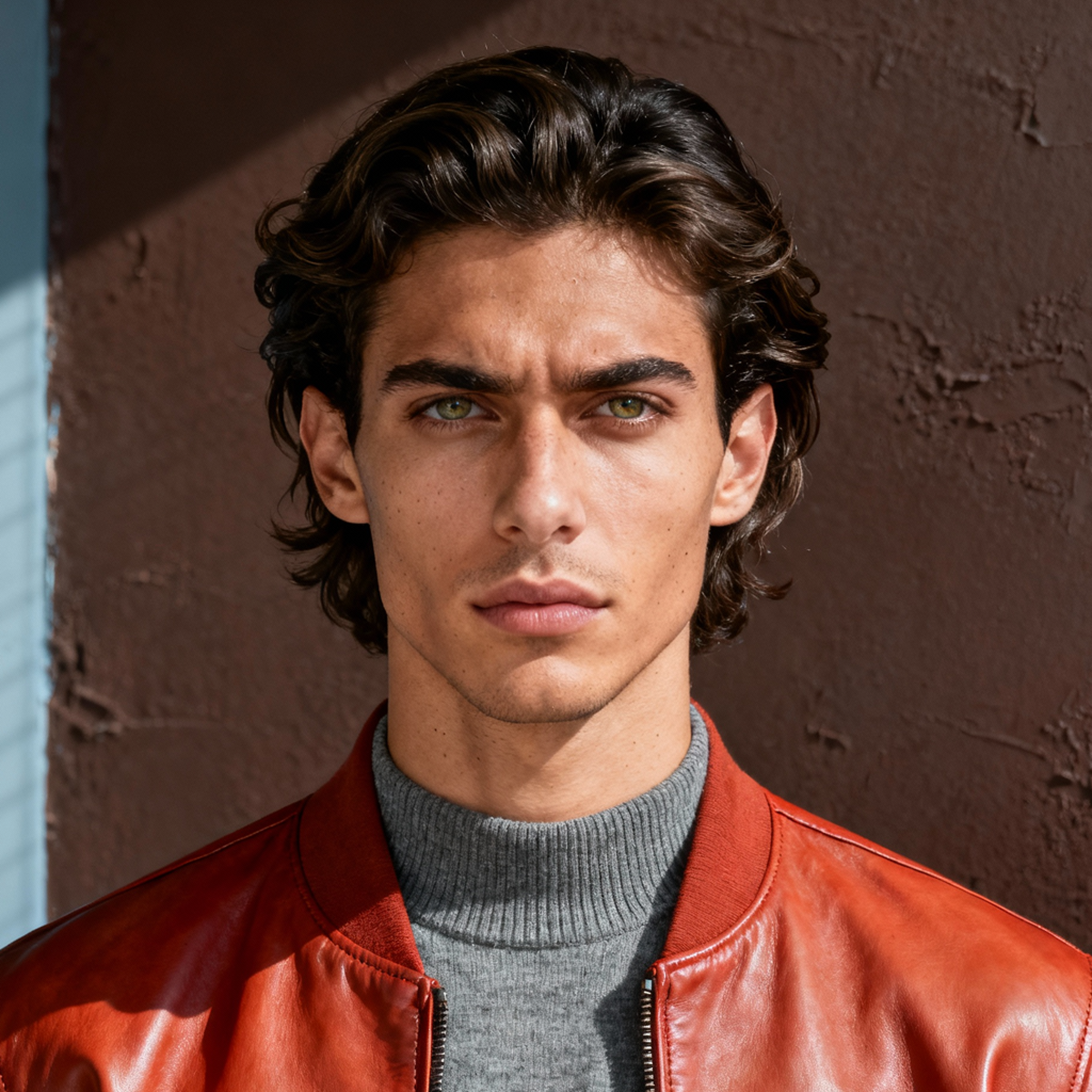 AI-generated portrait of a young man with wavy medium-length hair and defined brows, wearing a ribbed turtleneck and leather jacket, posed with a serious expression against a textured brown studio background in single-source light.