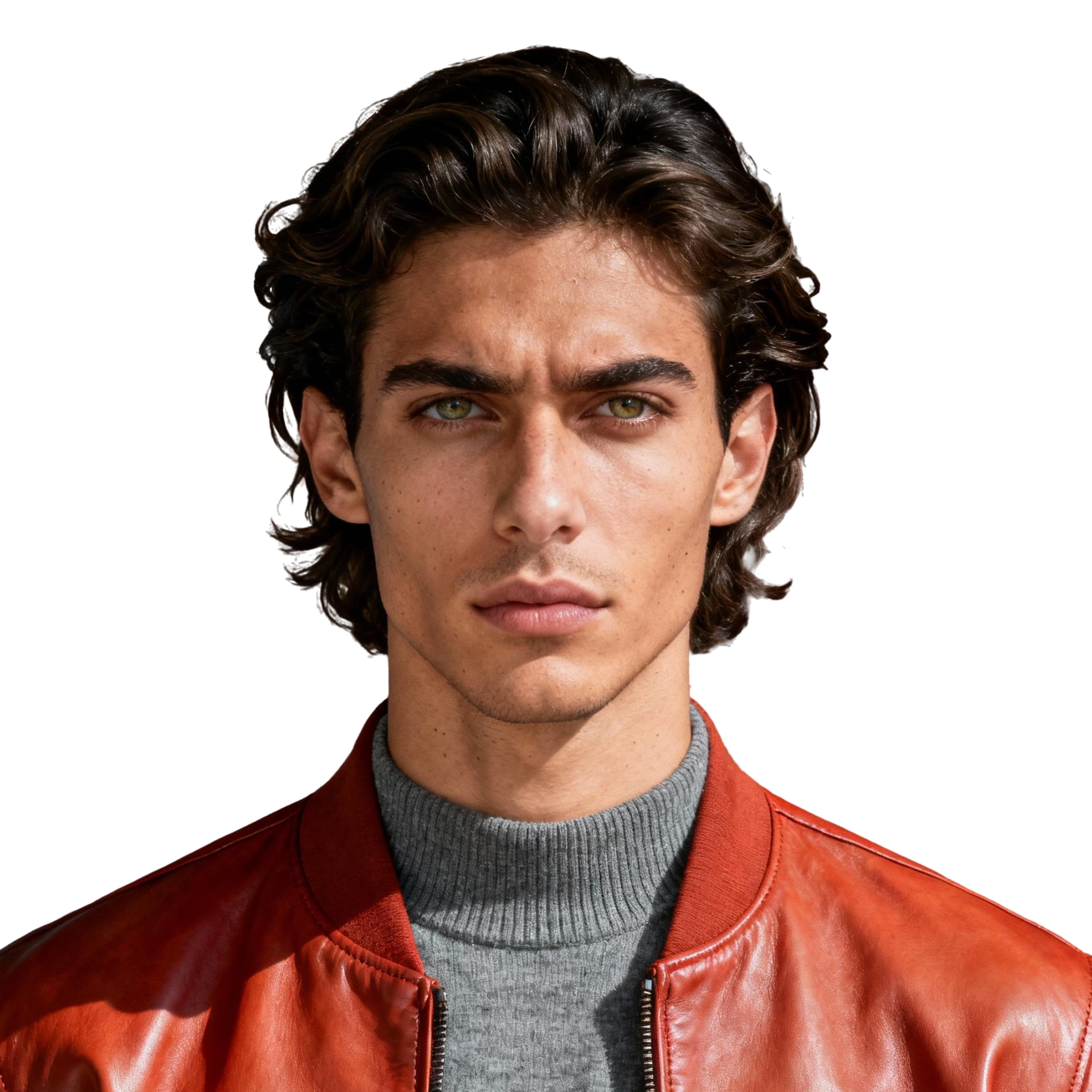 AI-generated portrait of a young man with wavy medium-length hair and defined brows, wearing a ribbed turtleneck and leather jacket, posed with a serious expression against a transparent background in single-source light.