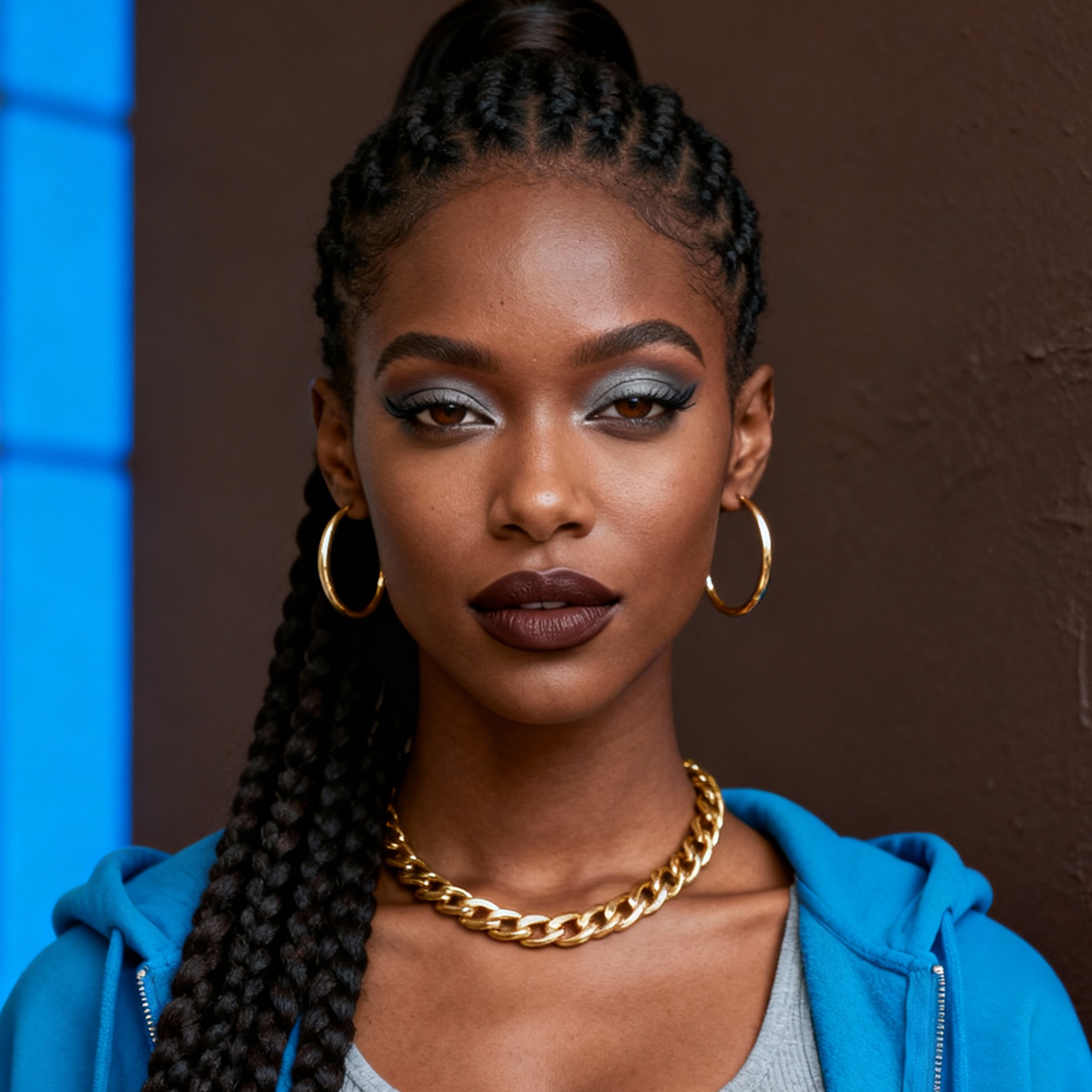 AI-generated portrait of a young woman with long braided hair and sculpted makeup, wearing hoop earrings, a chain necklace, and a hoodie, posed with a confident expression against a dark studio background with blue accent light.