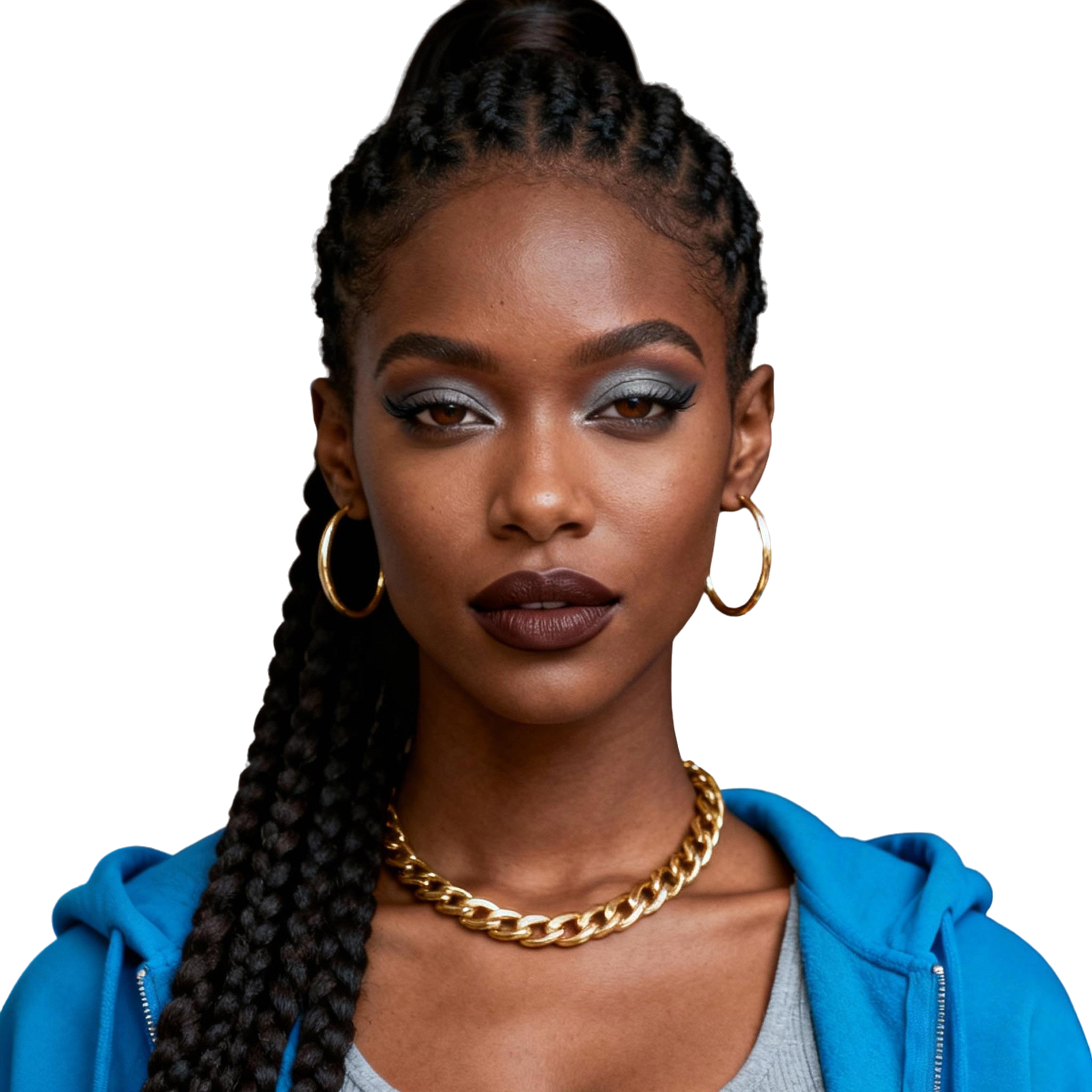 AI-generated portrait of a young woman with long braided hair and sculpted makeup, wearing hoop earrings, a chain necklace, and a hoodie, posed with a confident expression against a transparent background with directional light.