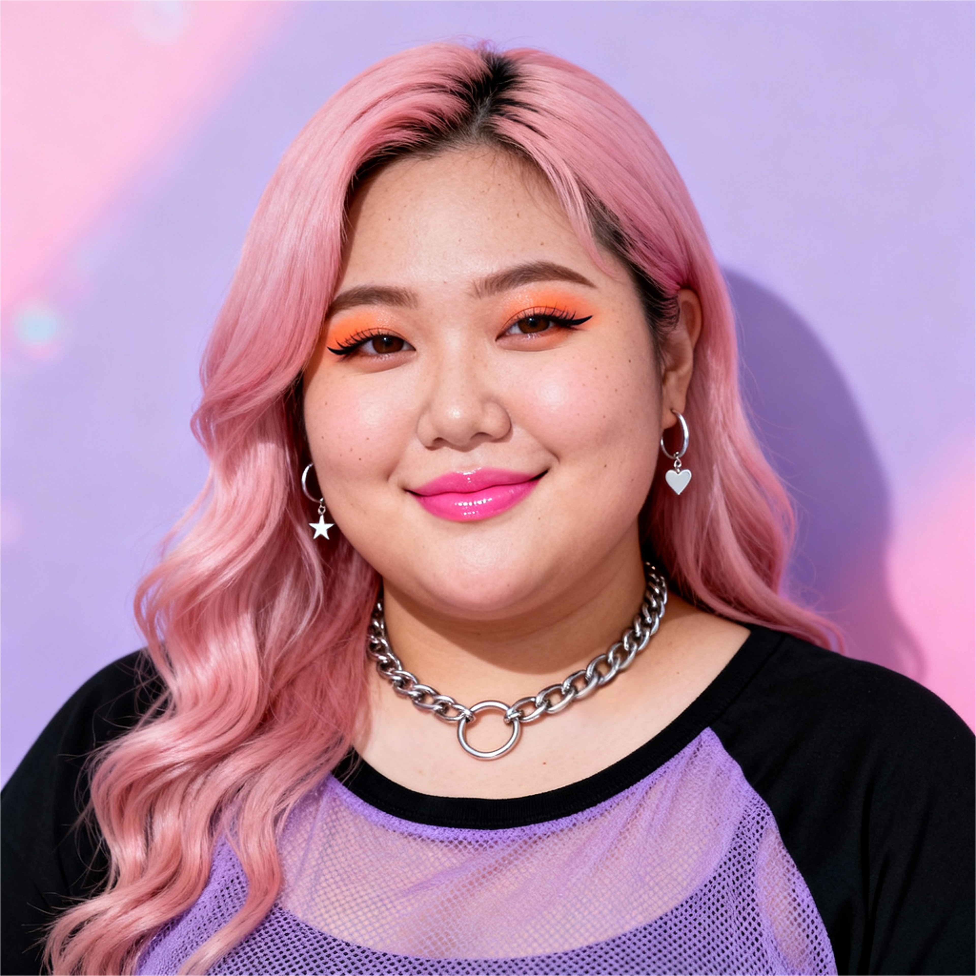 AI-generated portrait of a young woman with long pink hair and bold eye makeup, wearing a purple top and star necklace, posed with a smiling expression against a pastel background in bright studio light.