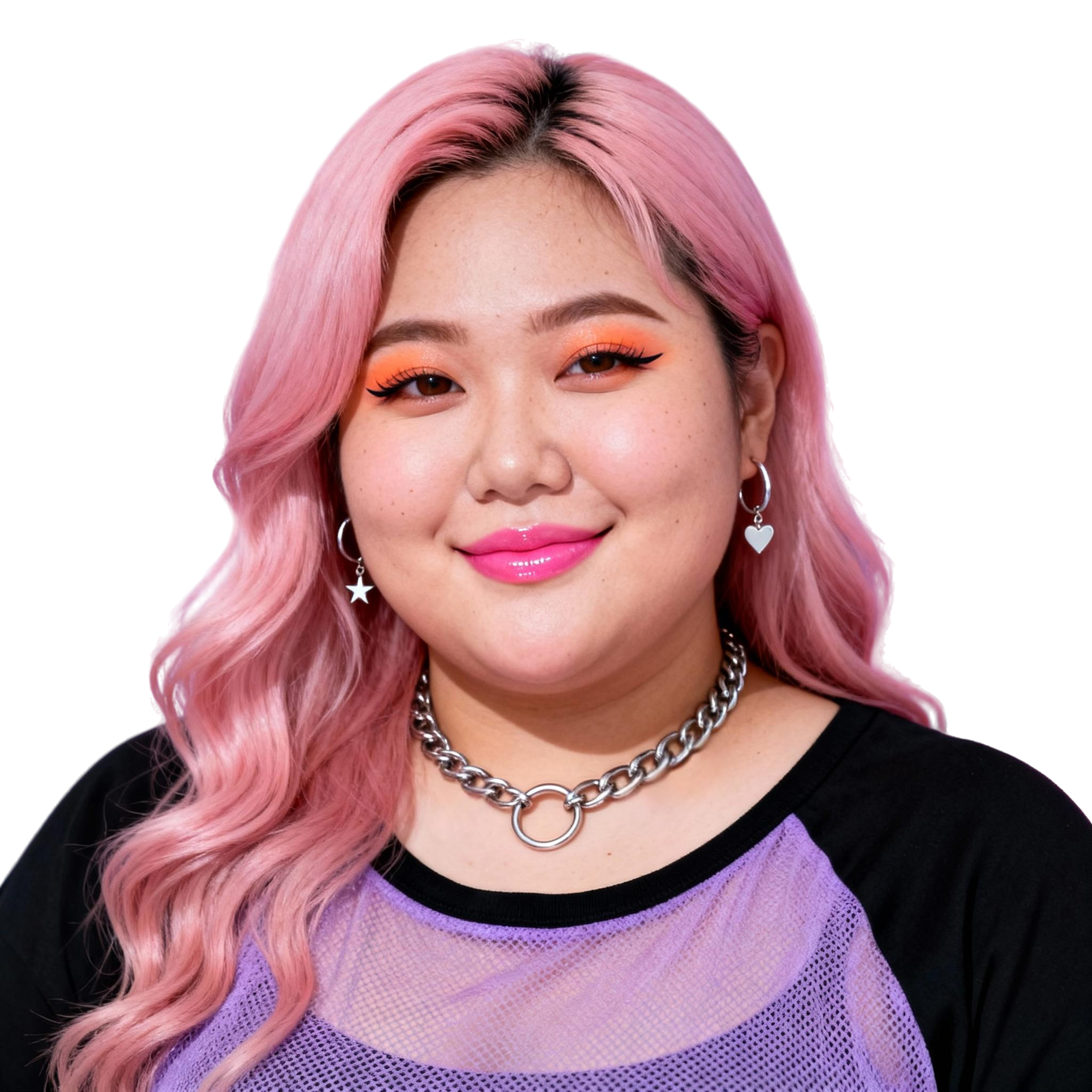 AI-generated portrait of a young woman with long pink hair and bold eye makeup, wearing a purple top and star necklace, posed with a smiling expression against a transparent background in bright studio light.