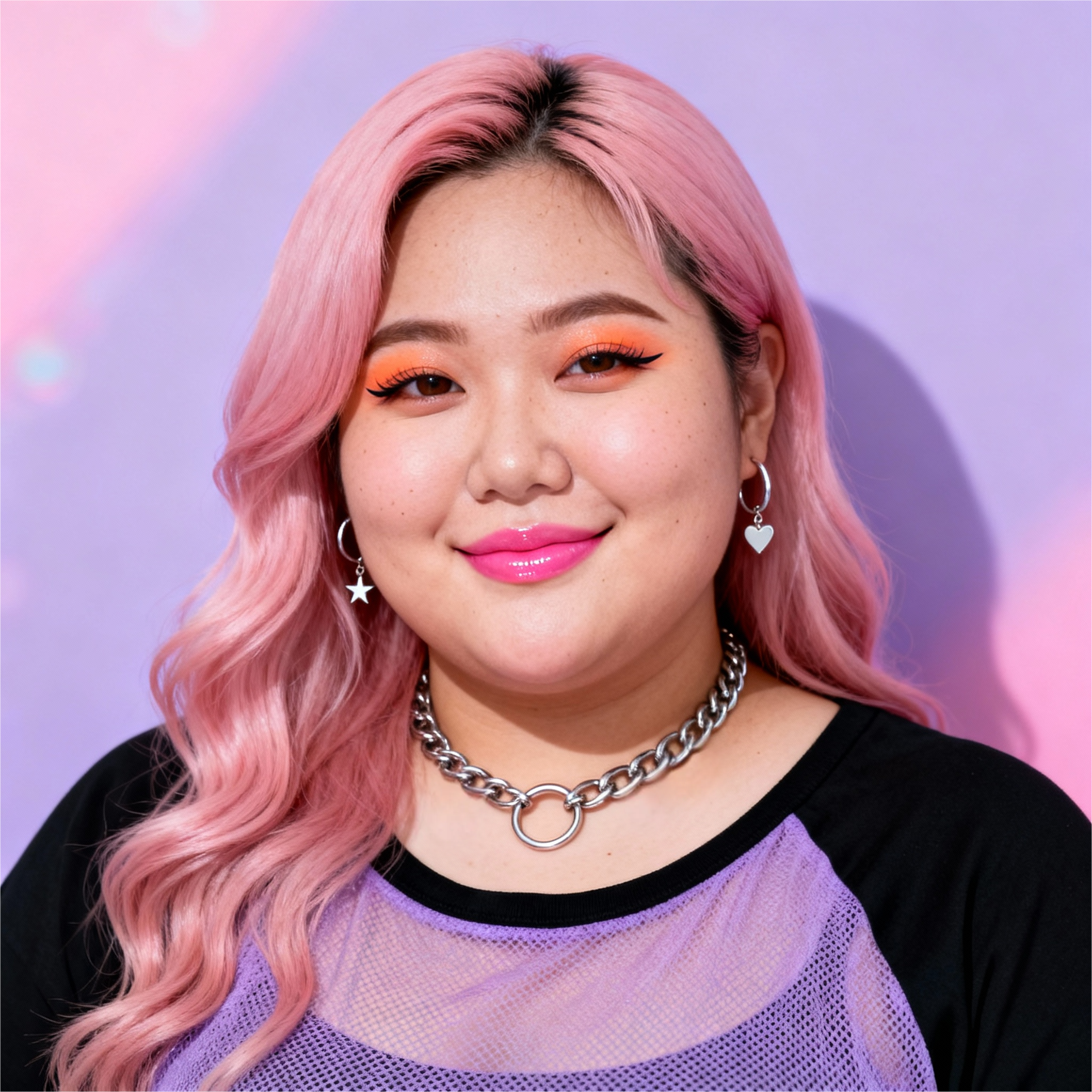 AI-generated portrait of a young woman with long pink hair and bold eye makeup, wearing a purple top and star necklace, posed with a smiling expression against a pastel background in bright studio light.