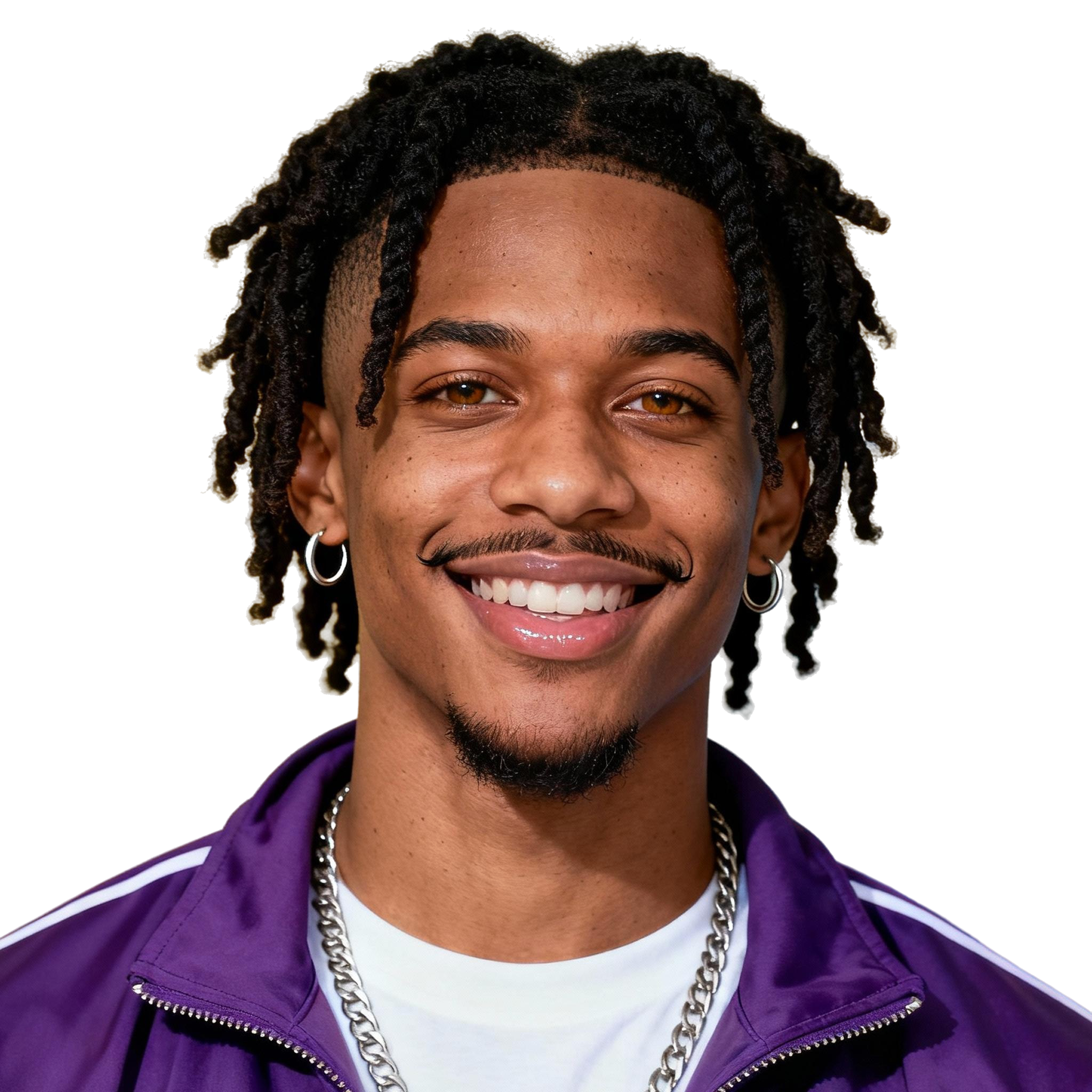 AI-generated portrait of a young man with short twisted hair and a thin mustache, wearing a purple track jacket and chain necklace, posed with a wide smile against a transparent background in bright studio light.