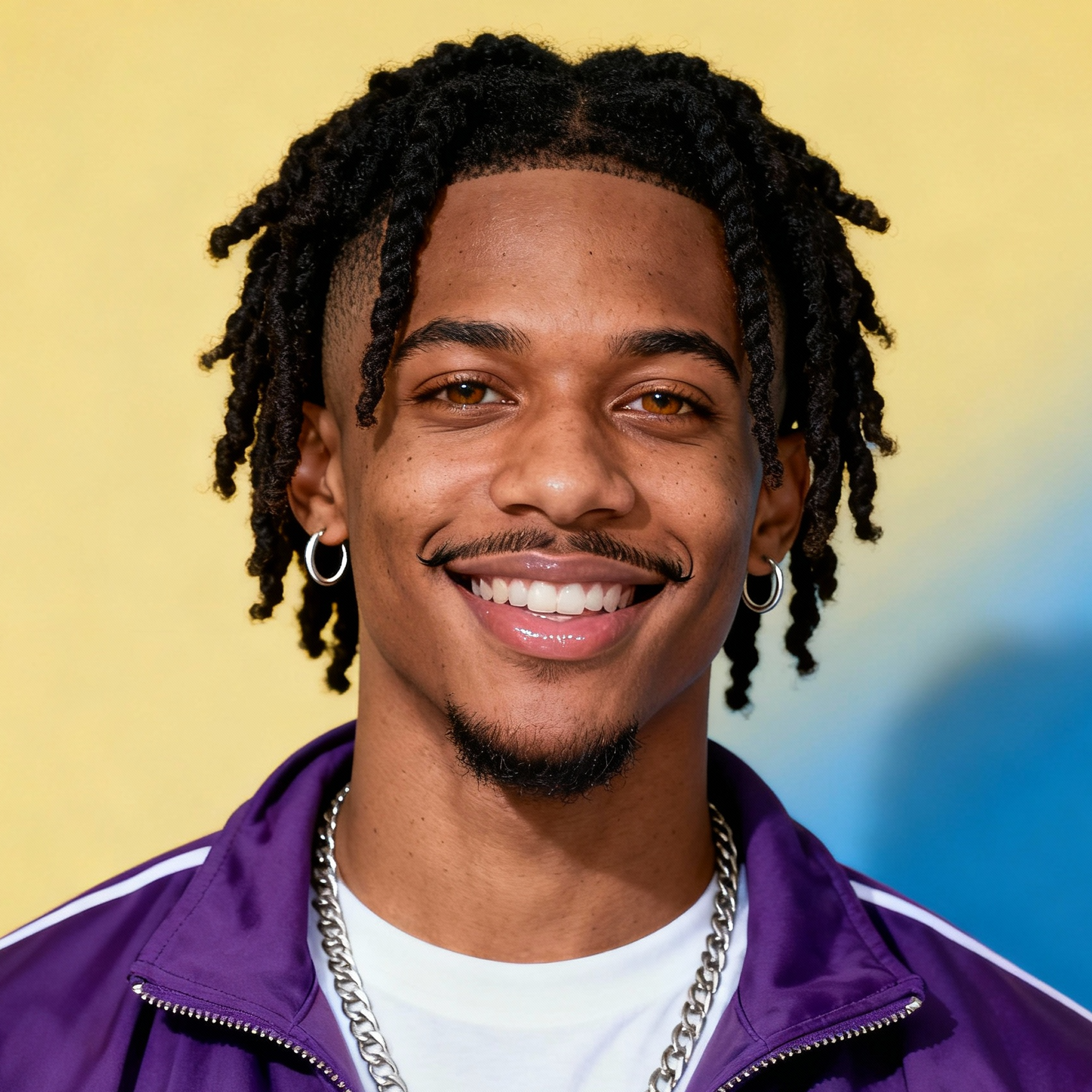 AI-generated portrait of a young man with short twisted hair and a thin mustache, wearing a purple track jacket and chain necklace, posed with a wide smile against a yellow background in bright studio light.