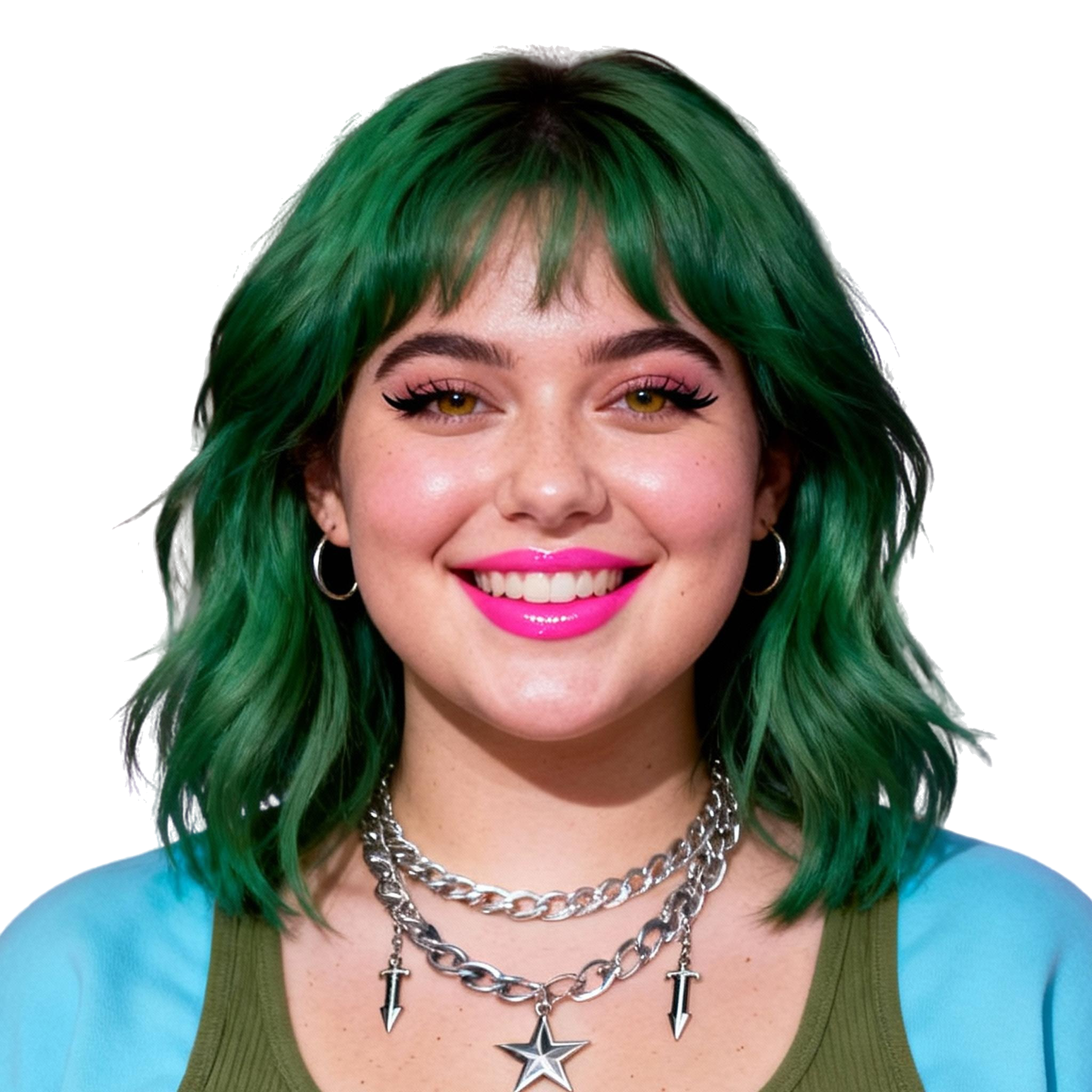 AI-generated portrait of a young woman with green shoulder-length hair and glossy makeup, wearing a green top and star necklace, posed with a bright smile against a transparent background in flash lighting.