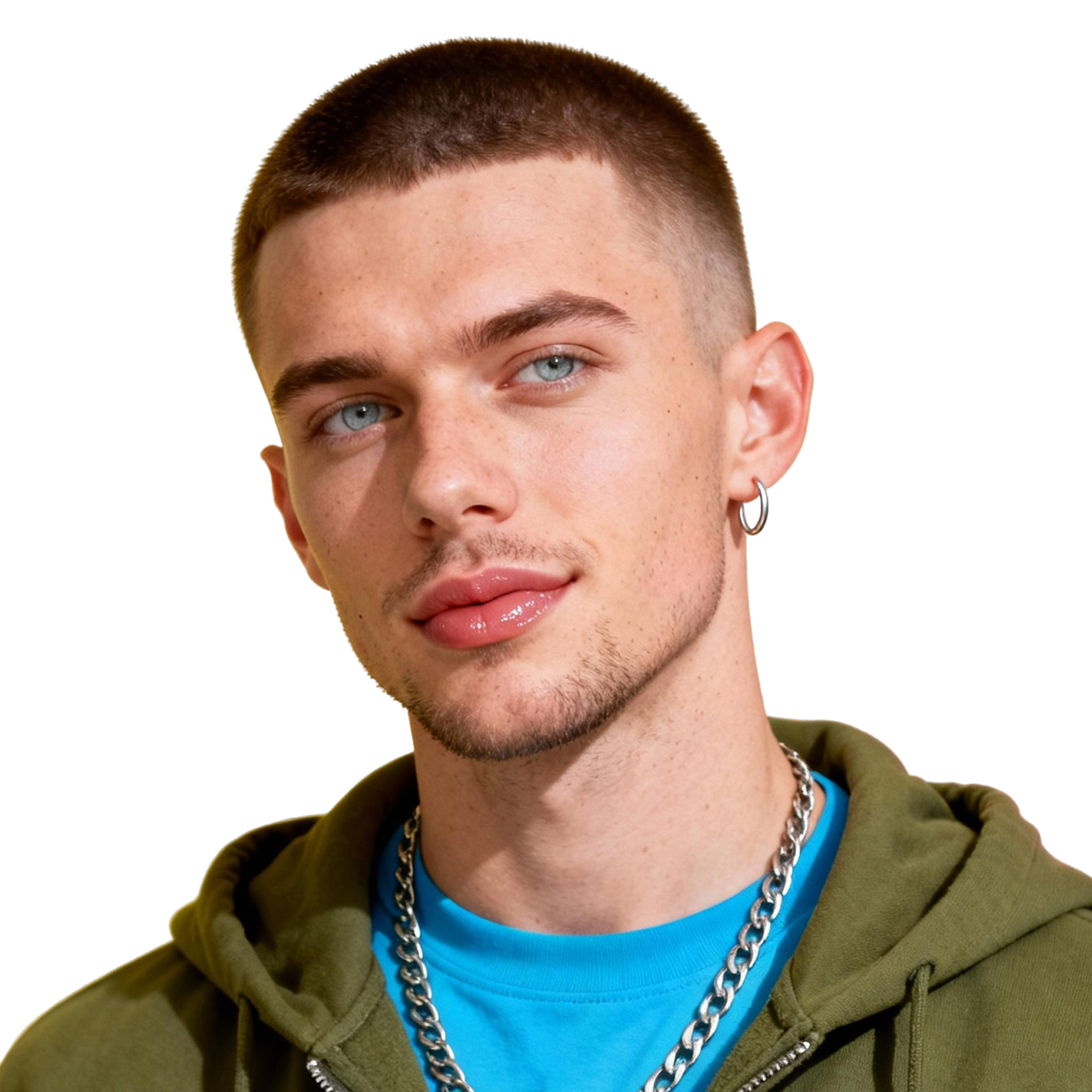 AI-generated portrait of a young man with a close buzz cut and hoop earring, wearing a green hoodie and chain necklace, posed with a relaxed expression against a transparent background in bright studio light.