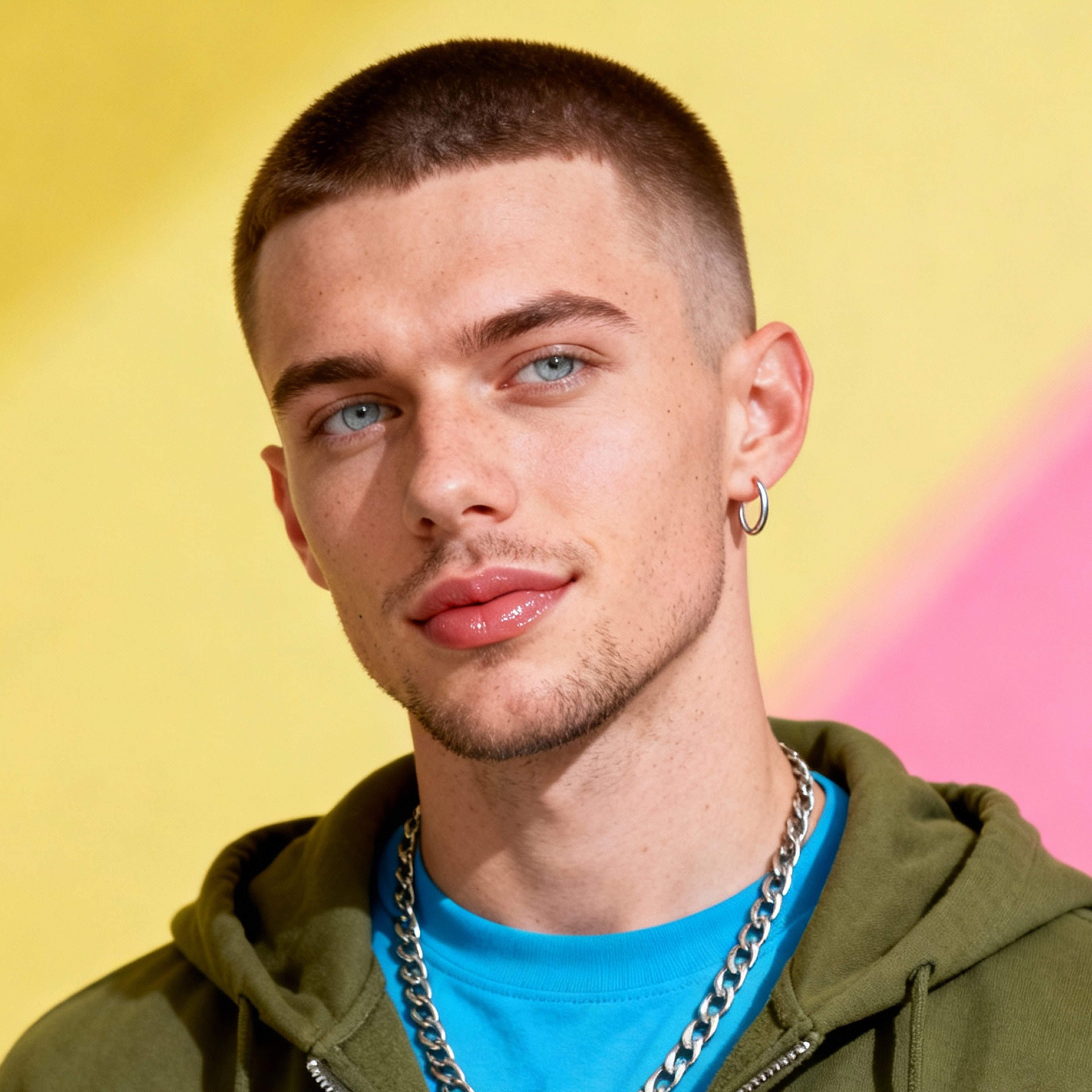 AI-generated portrait of a young man with a close buzz cut and hoop earring, wearing a green hoodie and chain necklace, posed with a relaxed expression against a yellow background in bright studio light.
