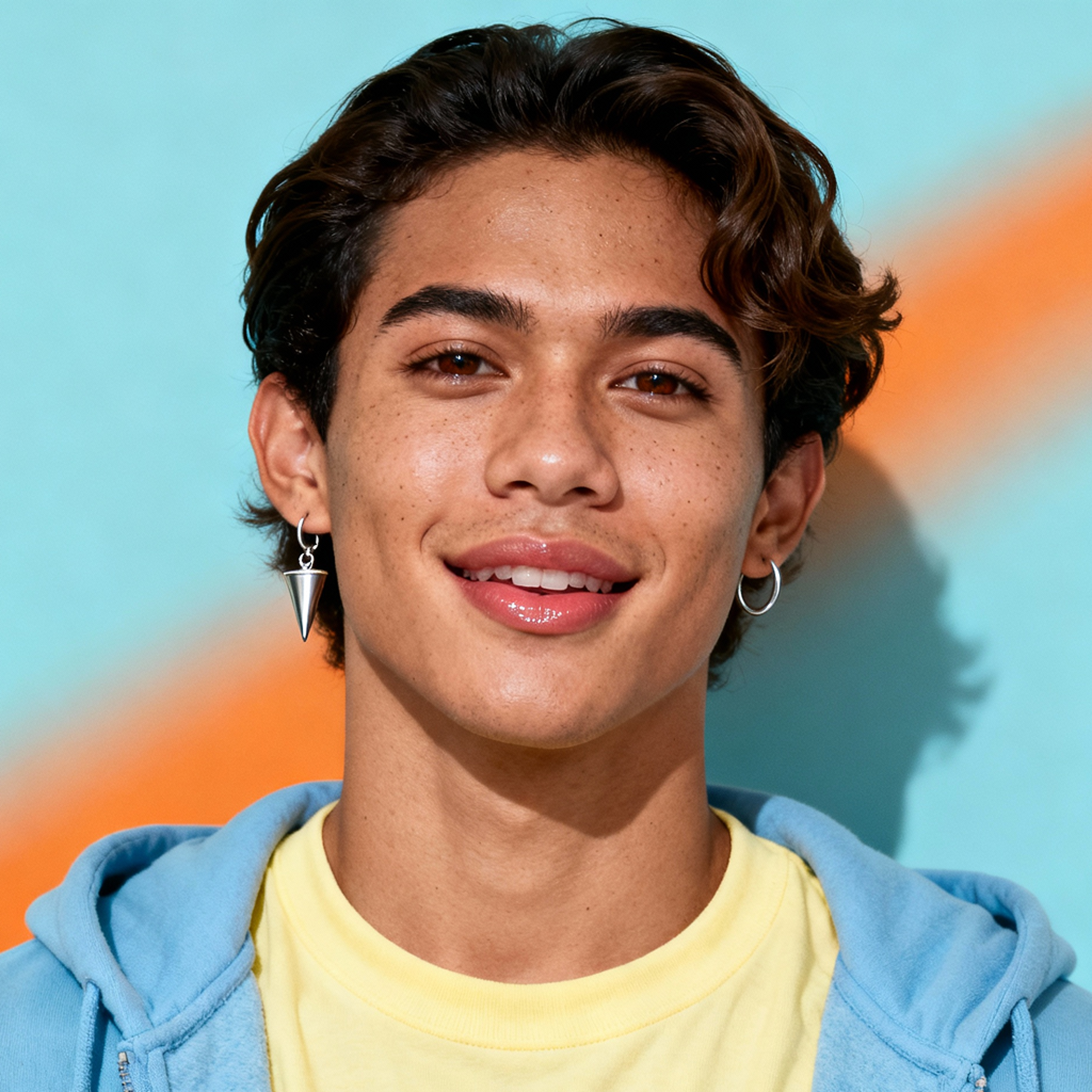 AI-generated portrait of a young person with short wavy hair and freckles, wearing a yellow shirt and blue hoodie, posed with a soft smile against a pastel background in bright studio light.