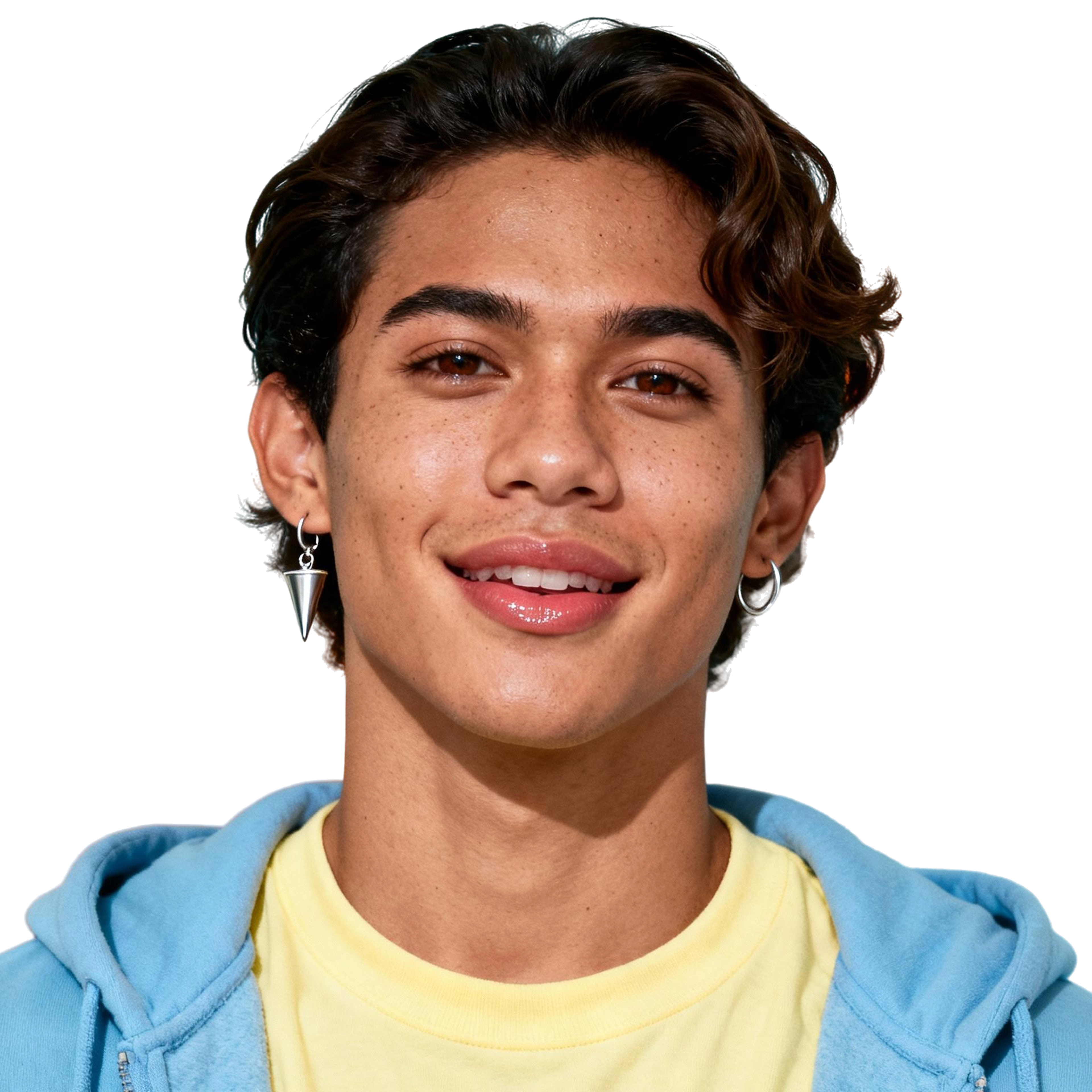 AI-generated portrait of a young person with short wavy hair and freckles, wearing a yellow shirt and blue hoodie, posed with a soft smile against a transparent background in bright studio light.