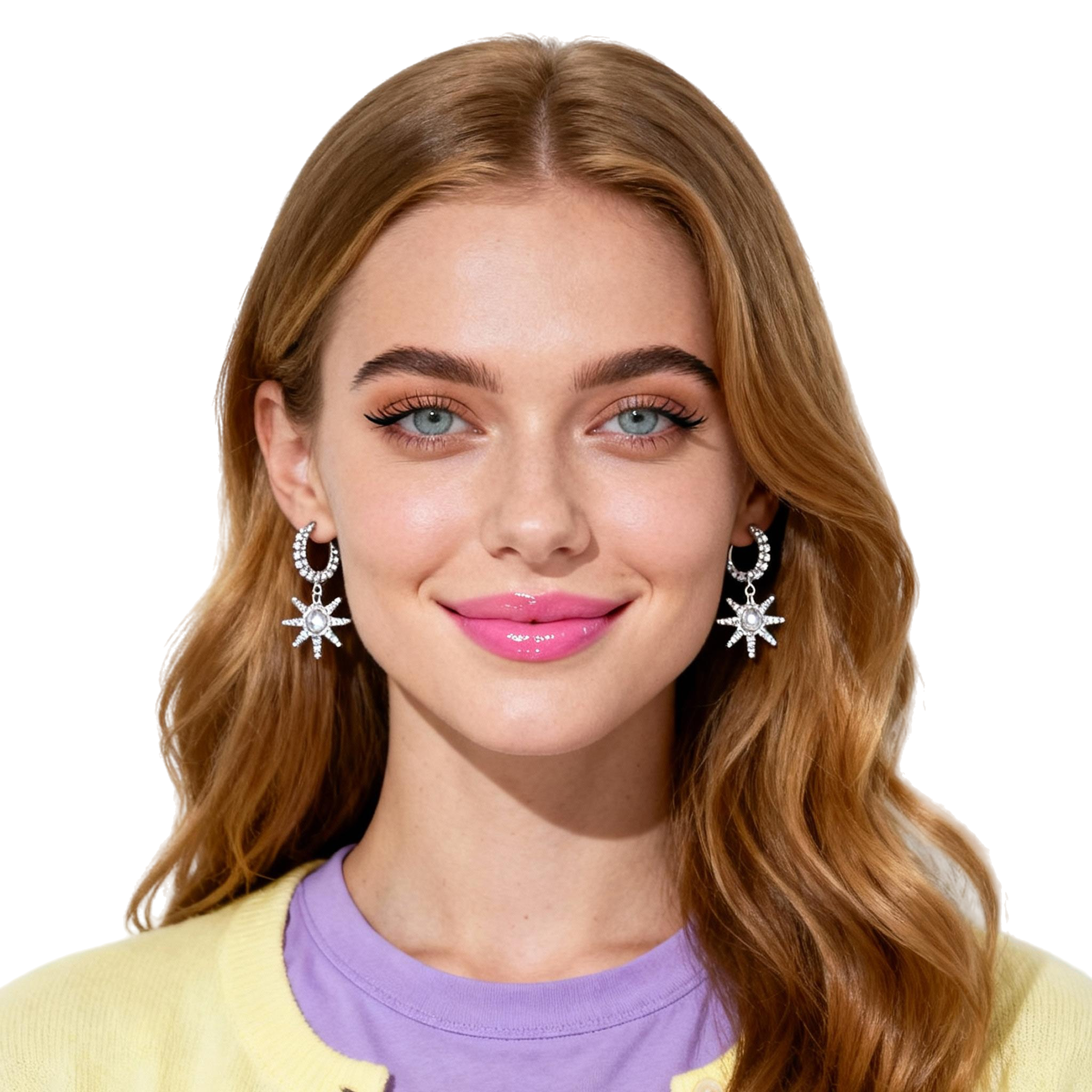 AI-generated portrait of a young woman with long light brown hair and glossy makeup, wearing a pastel cardigan and star earrings, posed with a gentle smile against a transparent background in bright studio light.