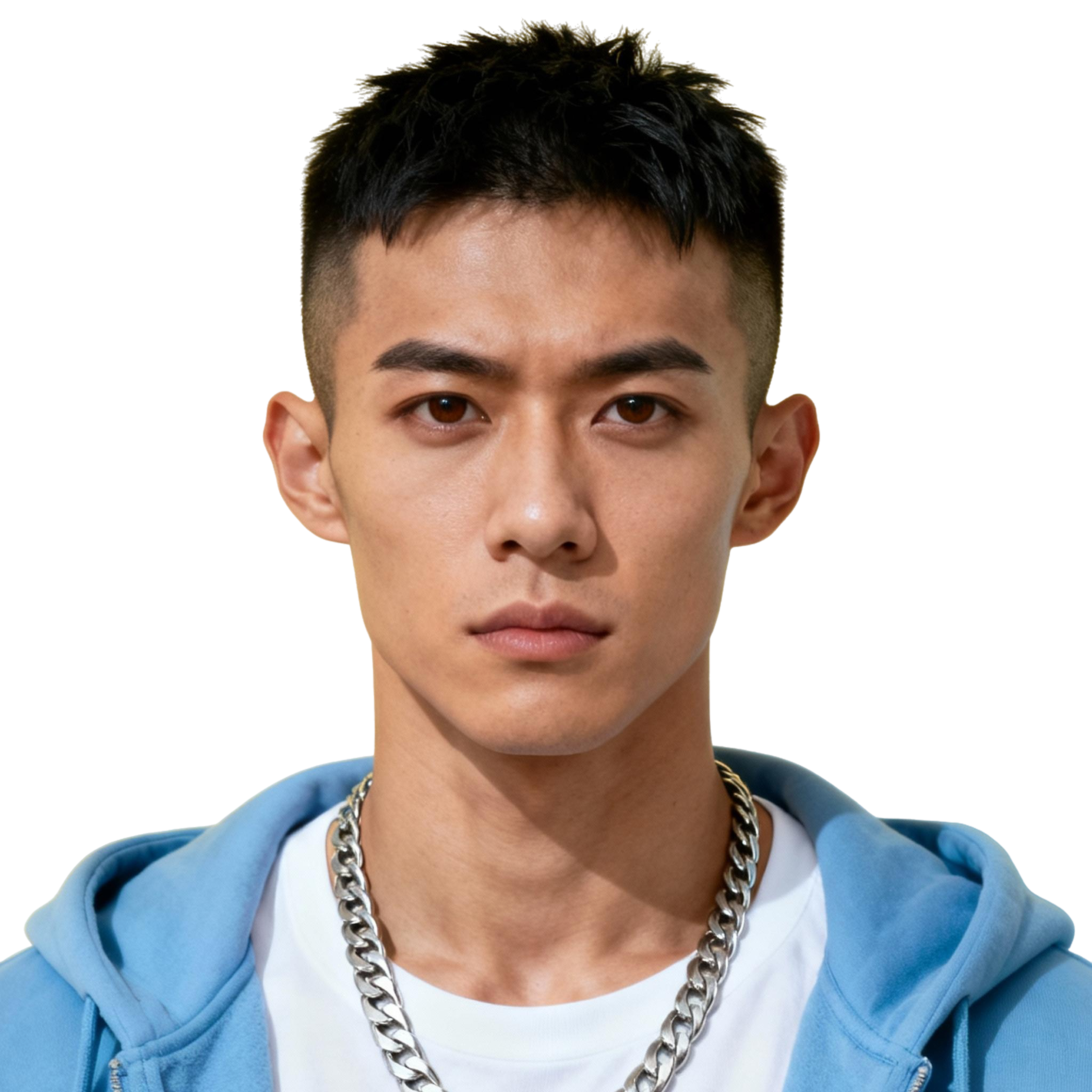 AI-generated portrait of a young man with short cropped hair and defined brows, wearing a blue hoodie and chain necklace, posed with a neutral expression against a transparent background in bright studio light.