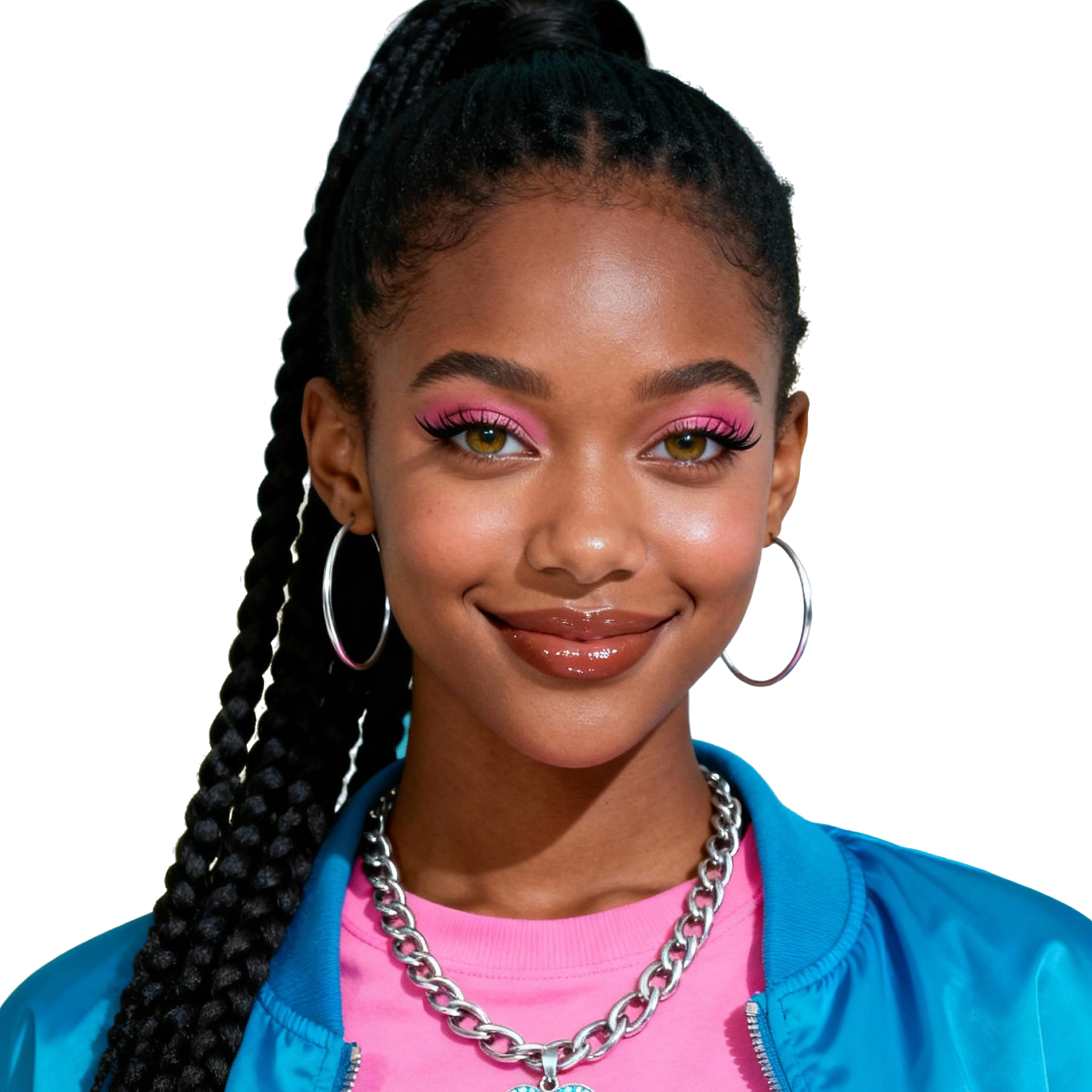 AI-generated portrait of a young woman with long braided hair and bold pink eye makeup, wearing a blue jacket and pink top, posed with a warm smile against a transparent background in bright studio light.