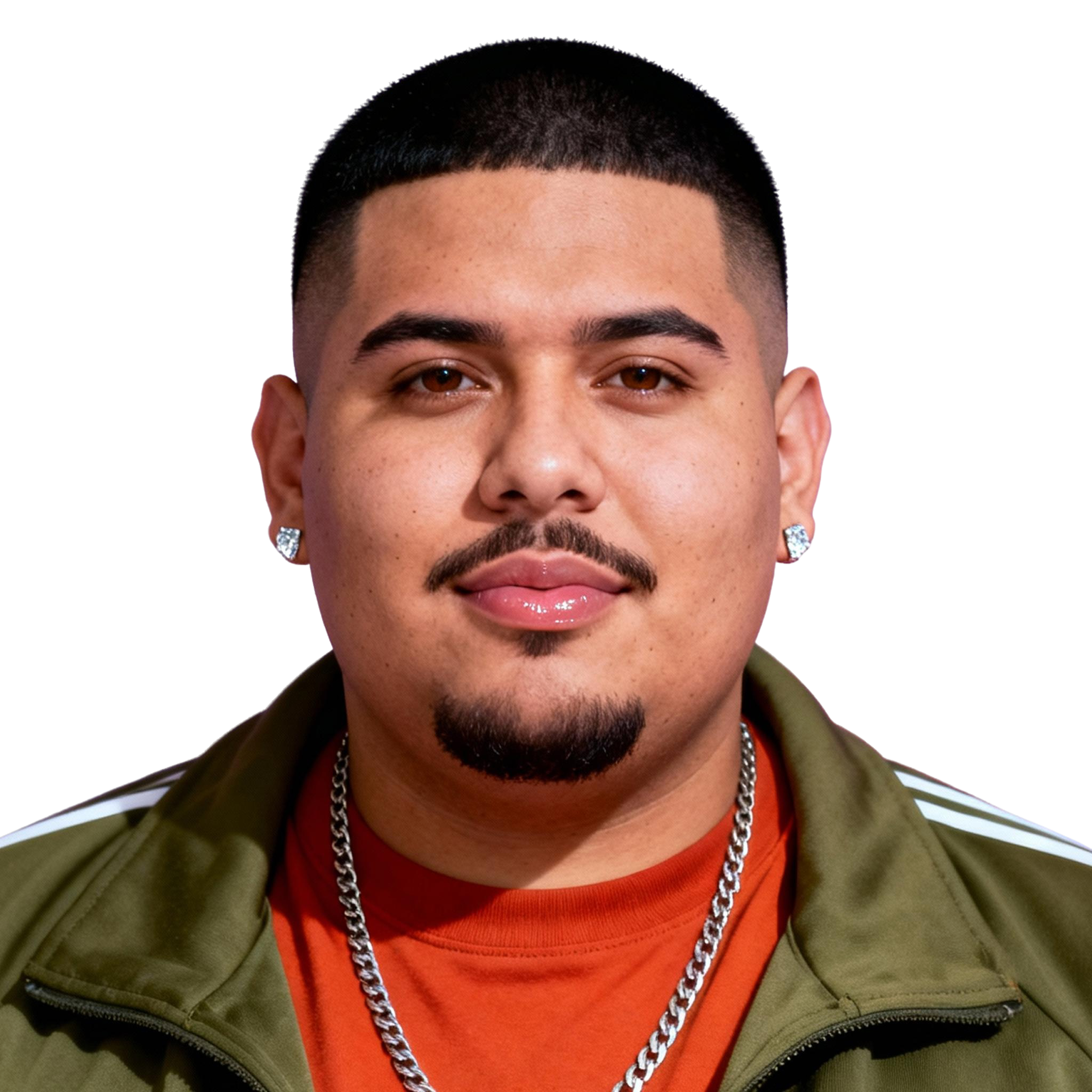 AI-generated portrait of a young man with a close-cropped haircut and trimmed goatee, wearing an olive jacket and orange shirt, posed with a neutral expression against a transparent background in bright studio light.