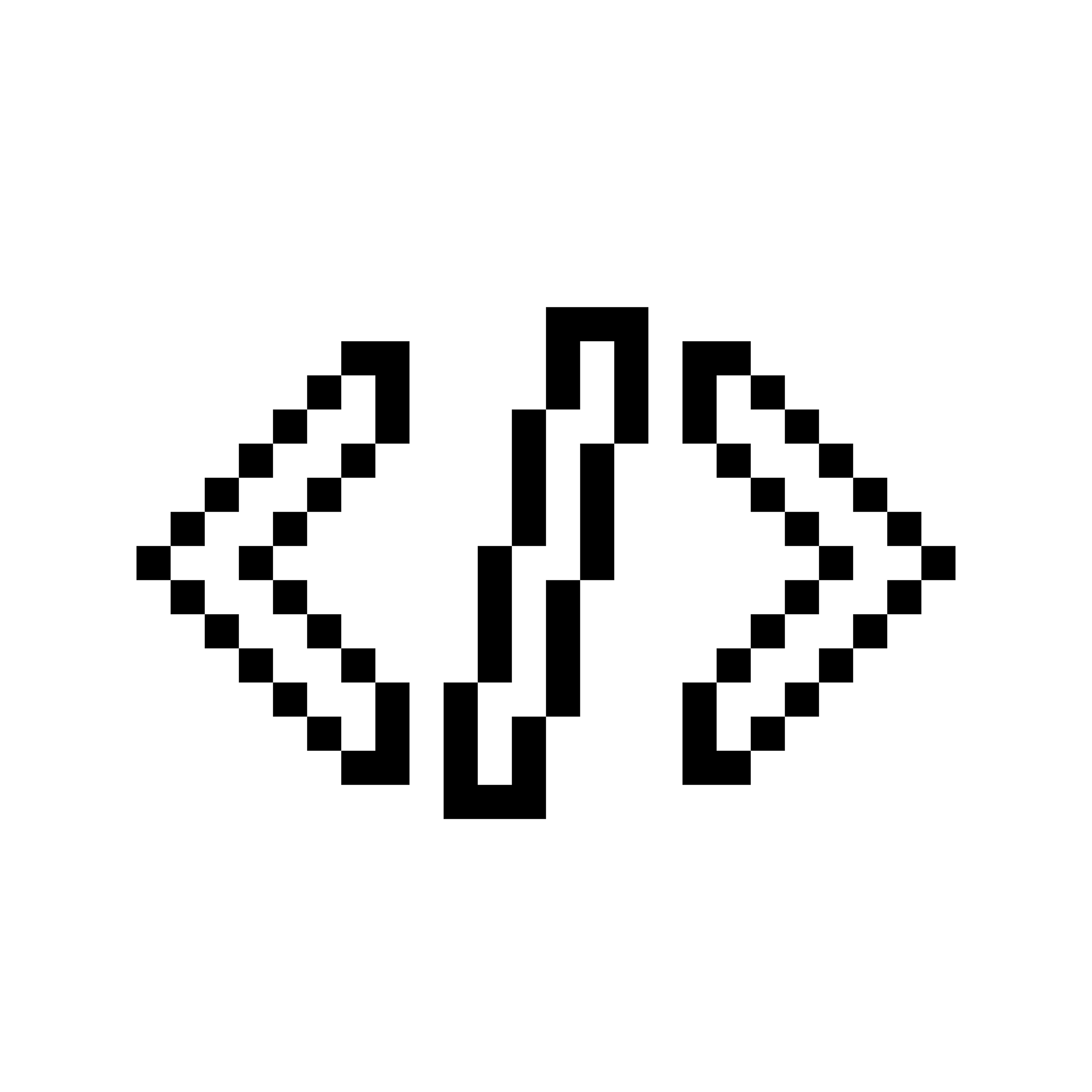 Pixelated left and right angle brackets with a slash in the center