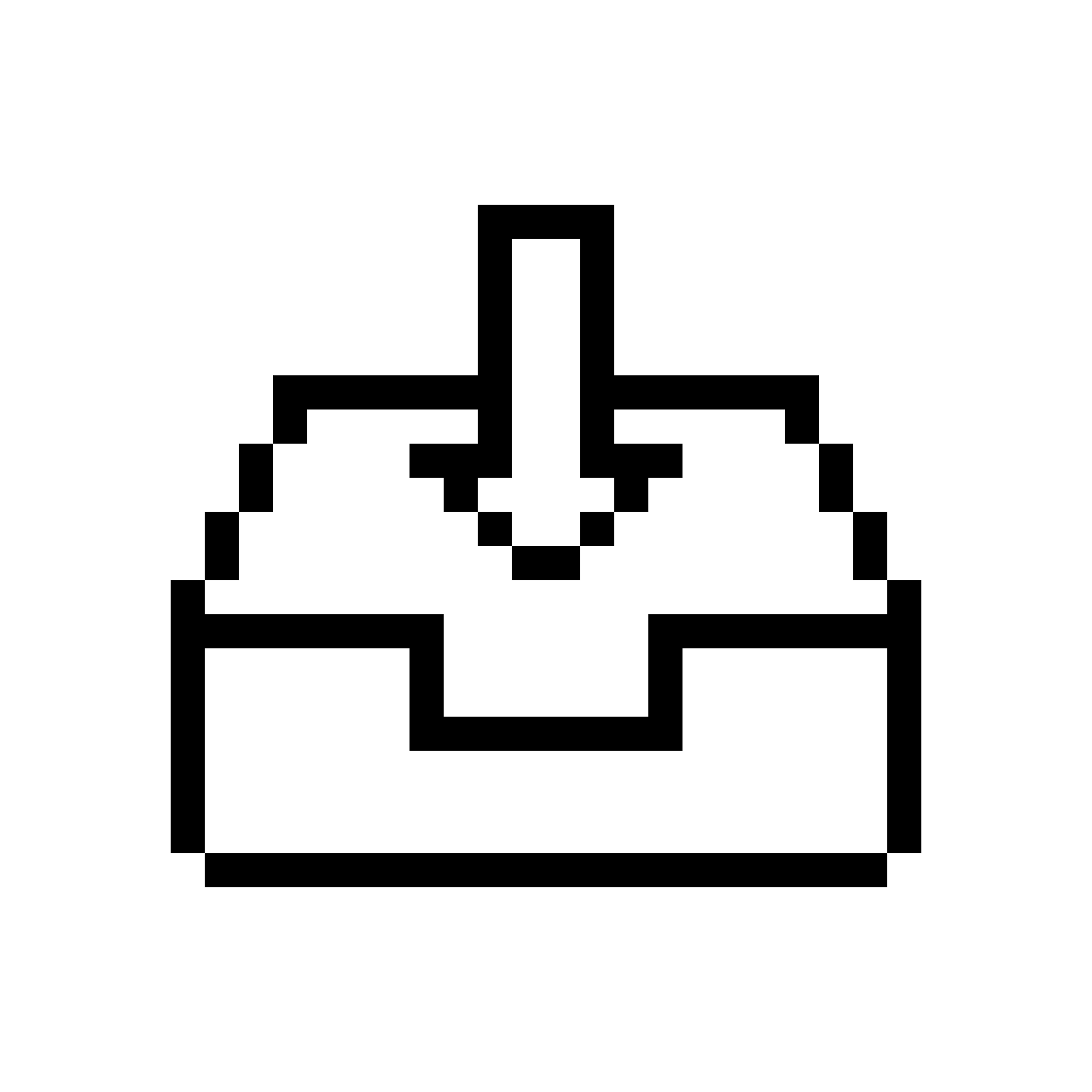 Pixelated tray with downward arrow entering the center