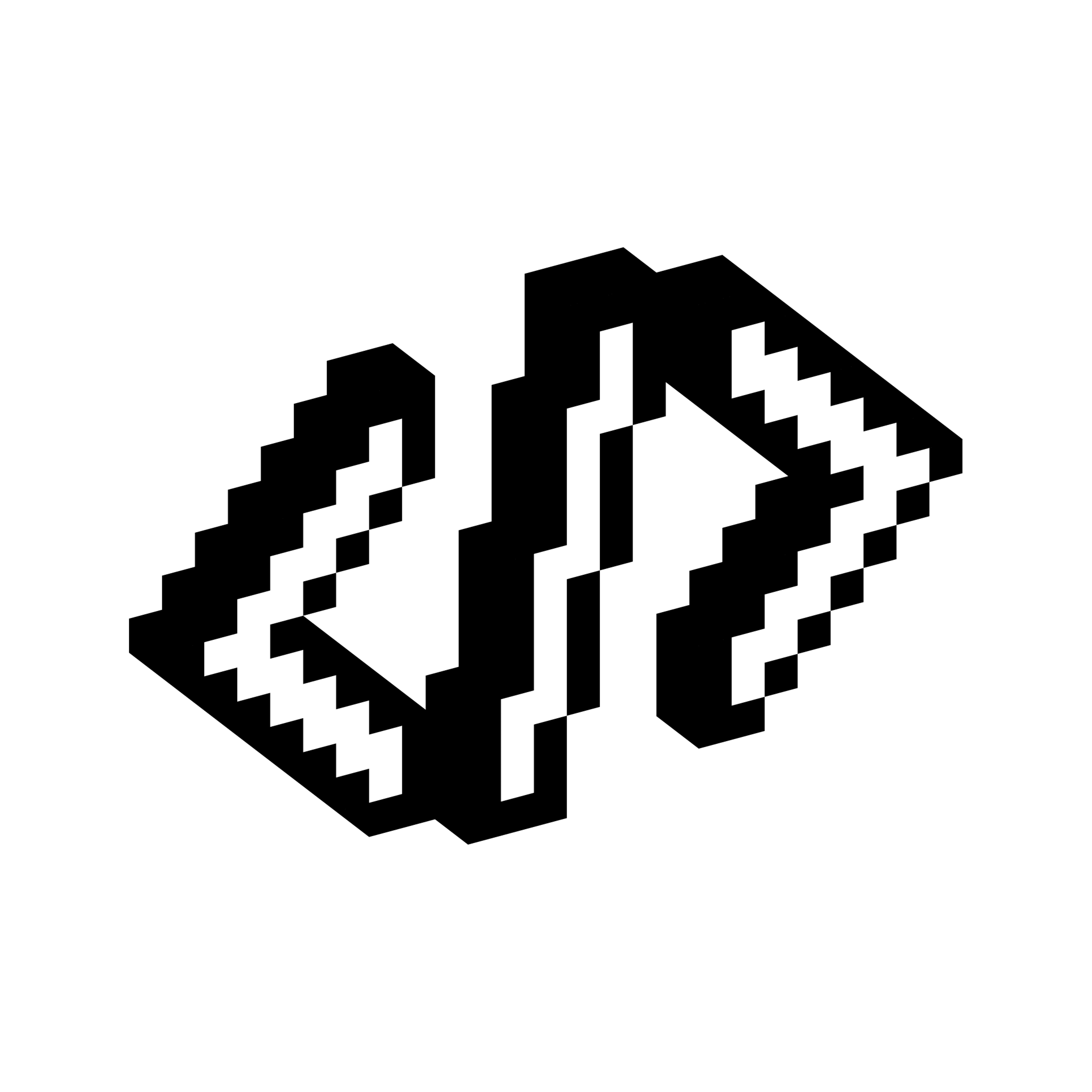 Pair of angular code brackets displayed in a blocky three-dimensional pixel style